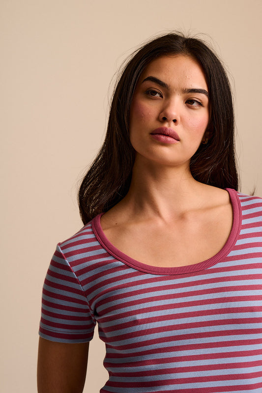 Vita - Ribbed Cotton Scoop Neck Short Sleeve T-Shirt in Blue & Burgundy Stripe