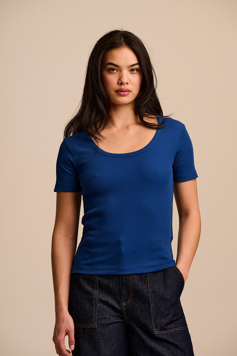 Vita - Ribbed Cotton Scoop Neck Short Sleeve T-Shirt in Navy
