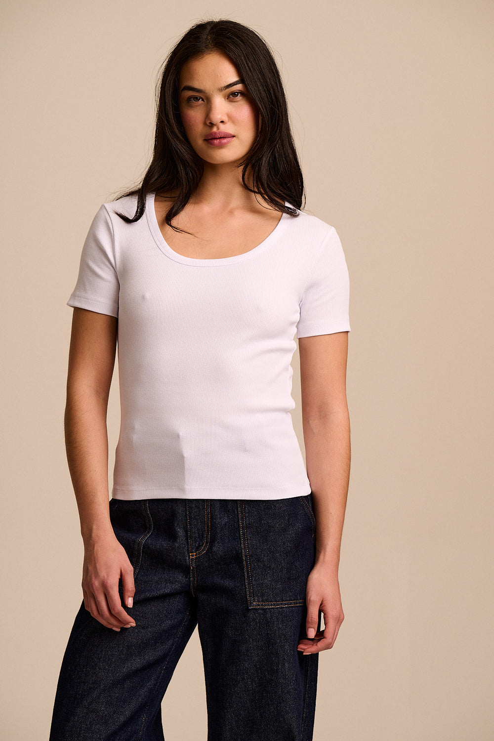 Vita - Ribbed Cotton Scoop Neck Short Sleeve T-Shirt in White