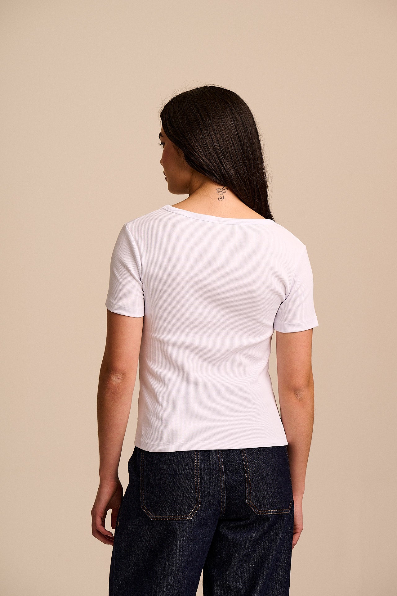 Vita - Ribbed Cotton Scoop Neck Short Sleeve T-Shirt in White