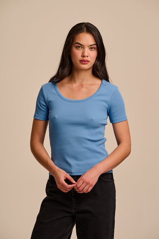 Vita - Ribbed Cotton Scoop Neck Short Sleeve T-Shirt in Light Blue