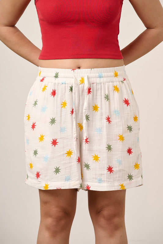 Charlie - Cotton Shorts in Ecru Cosmic Folk Stars