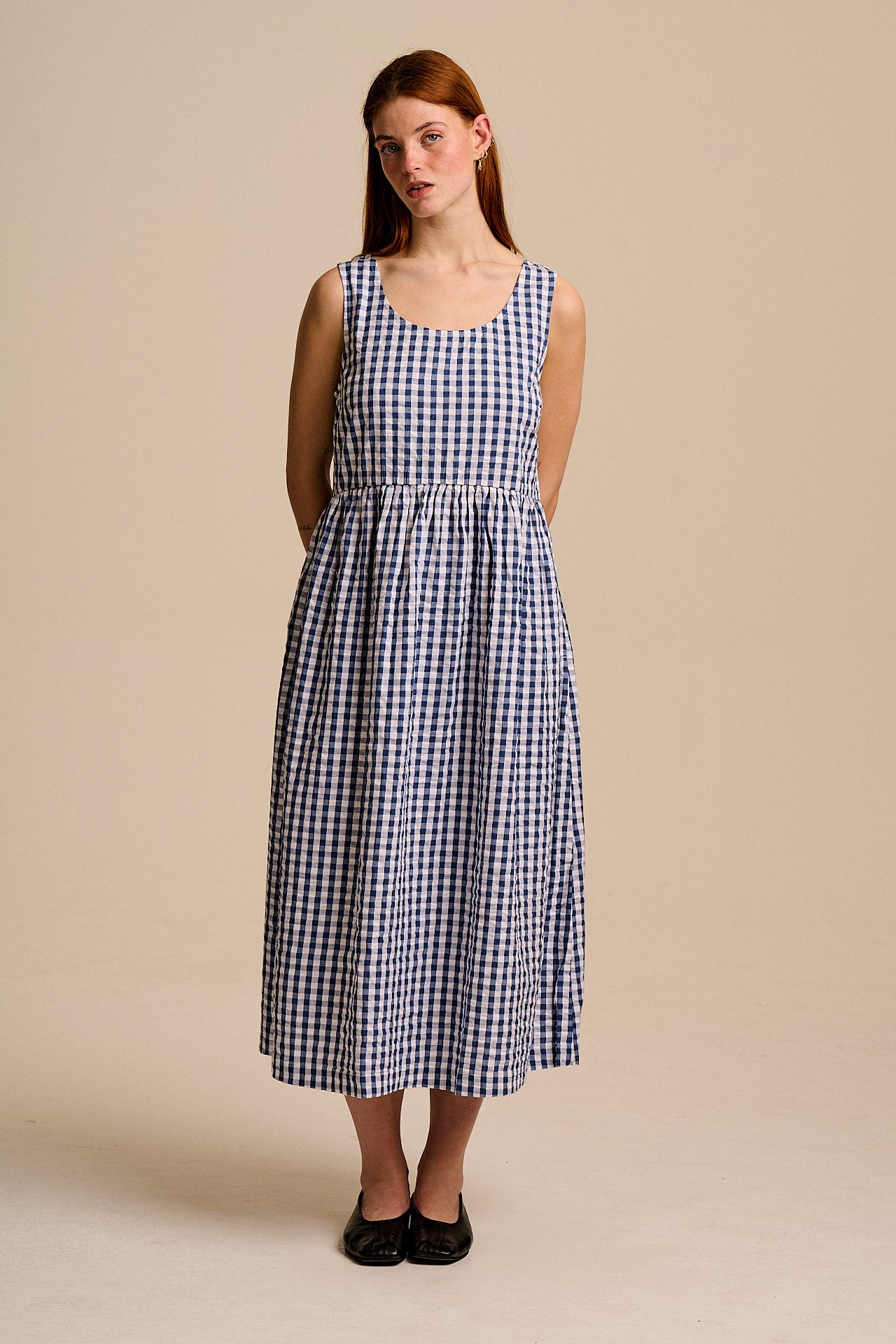 Aimee - Cotton Midi Dress in Blue Gingham