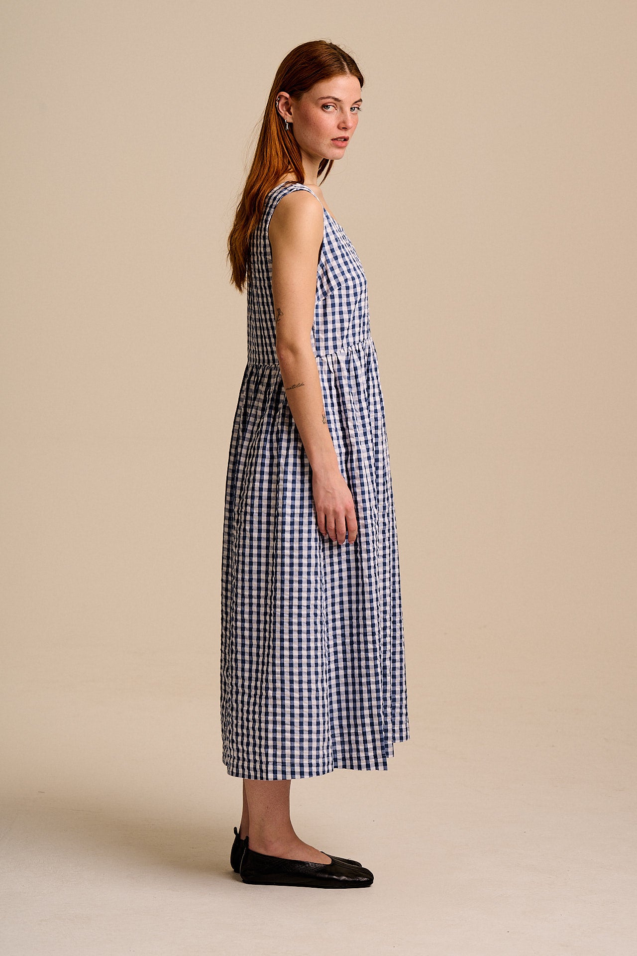 Aimee - Cotton Midi Dress in Blue Gingham