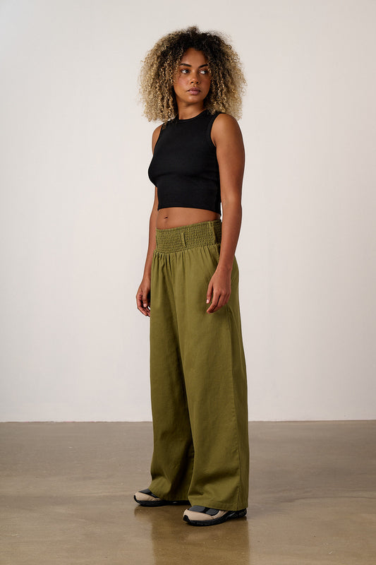 Alex - Wide Leg Cotton Trousers in Khaki