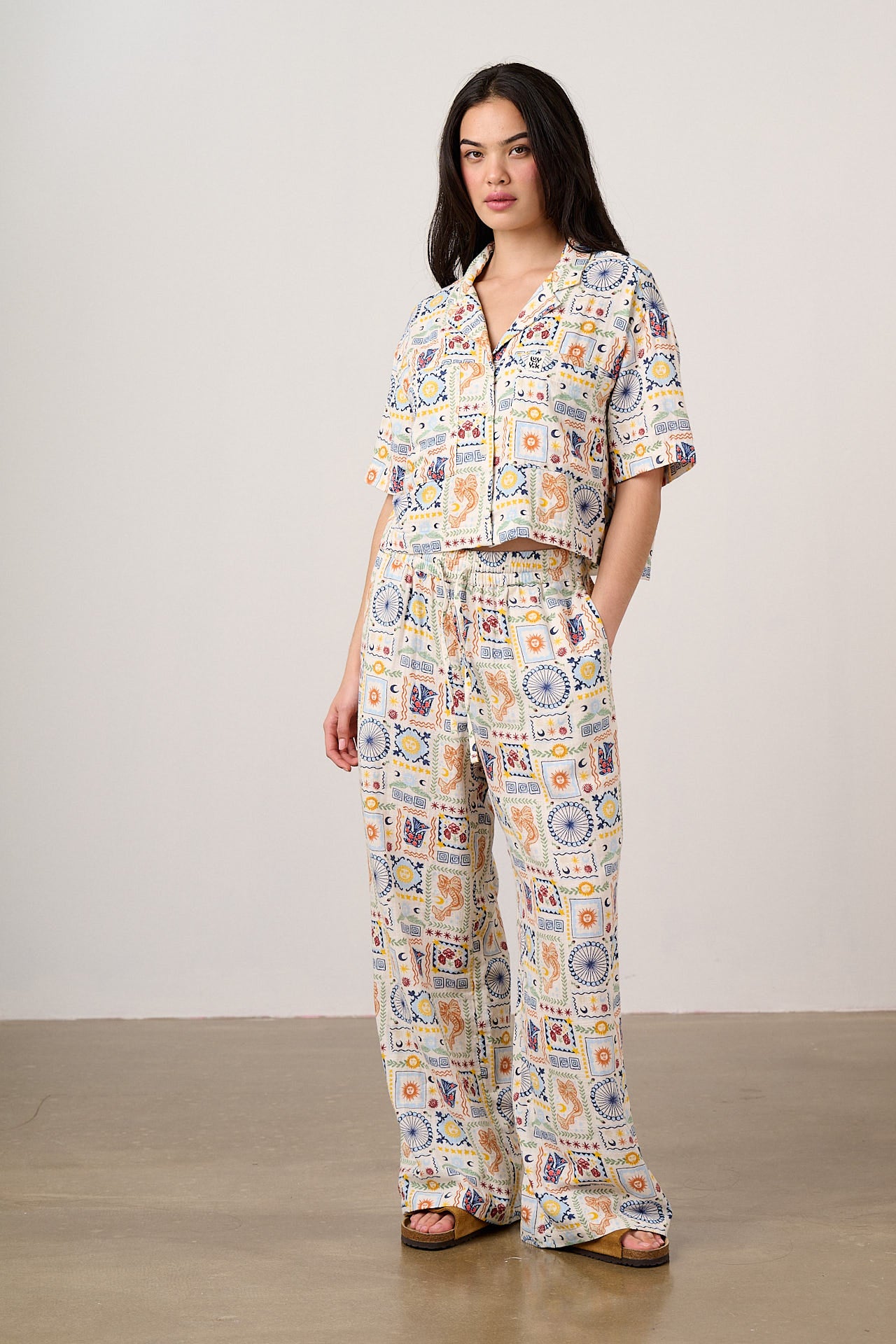 Alfie - Cotton Shirt in Ecru Cosmic Folk Tile