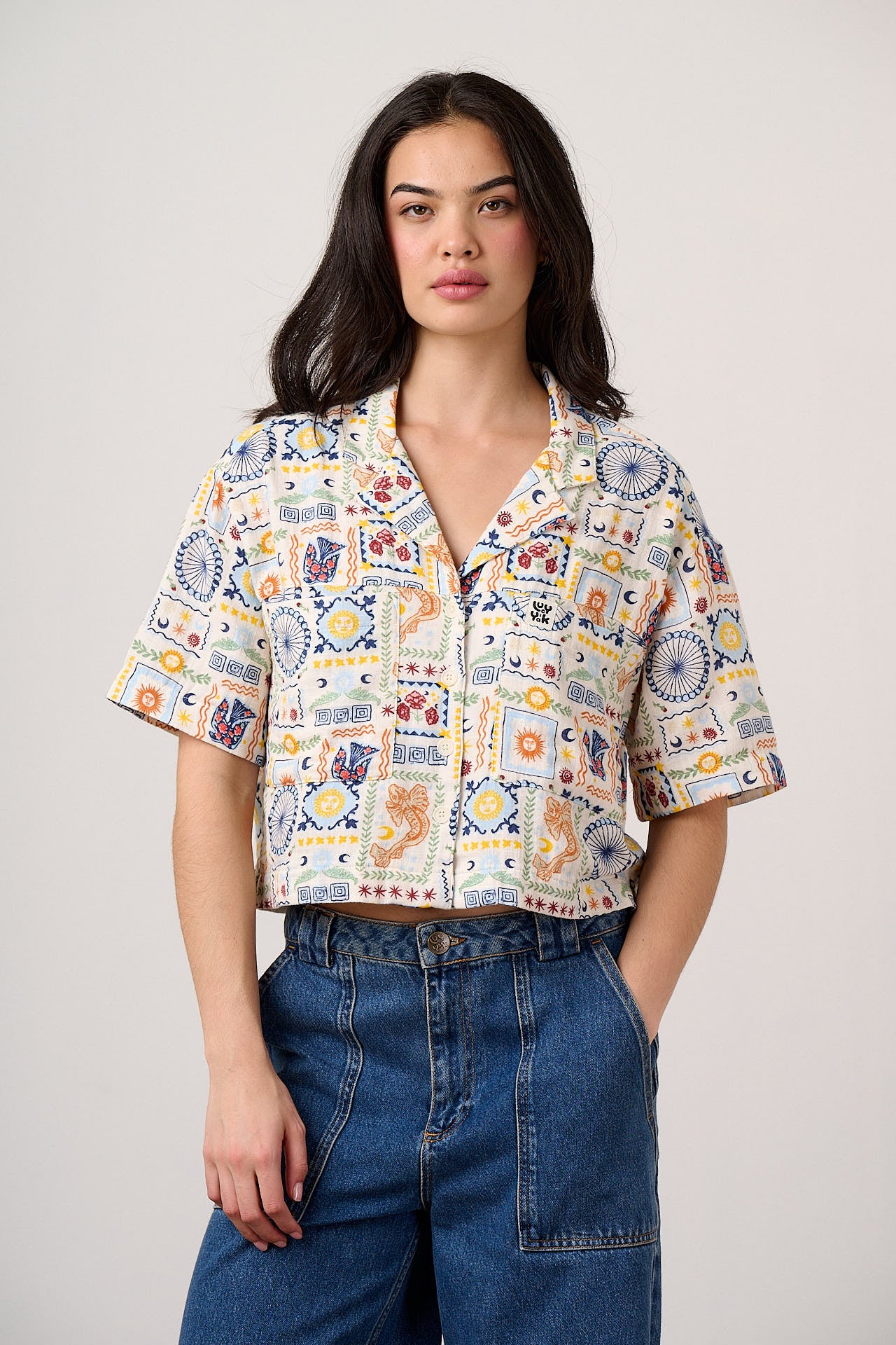 Alfie - Cotton Shirt in Ecru Cosmic Folk Tile