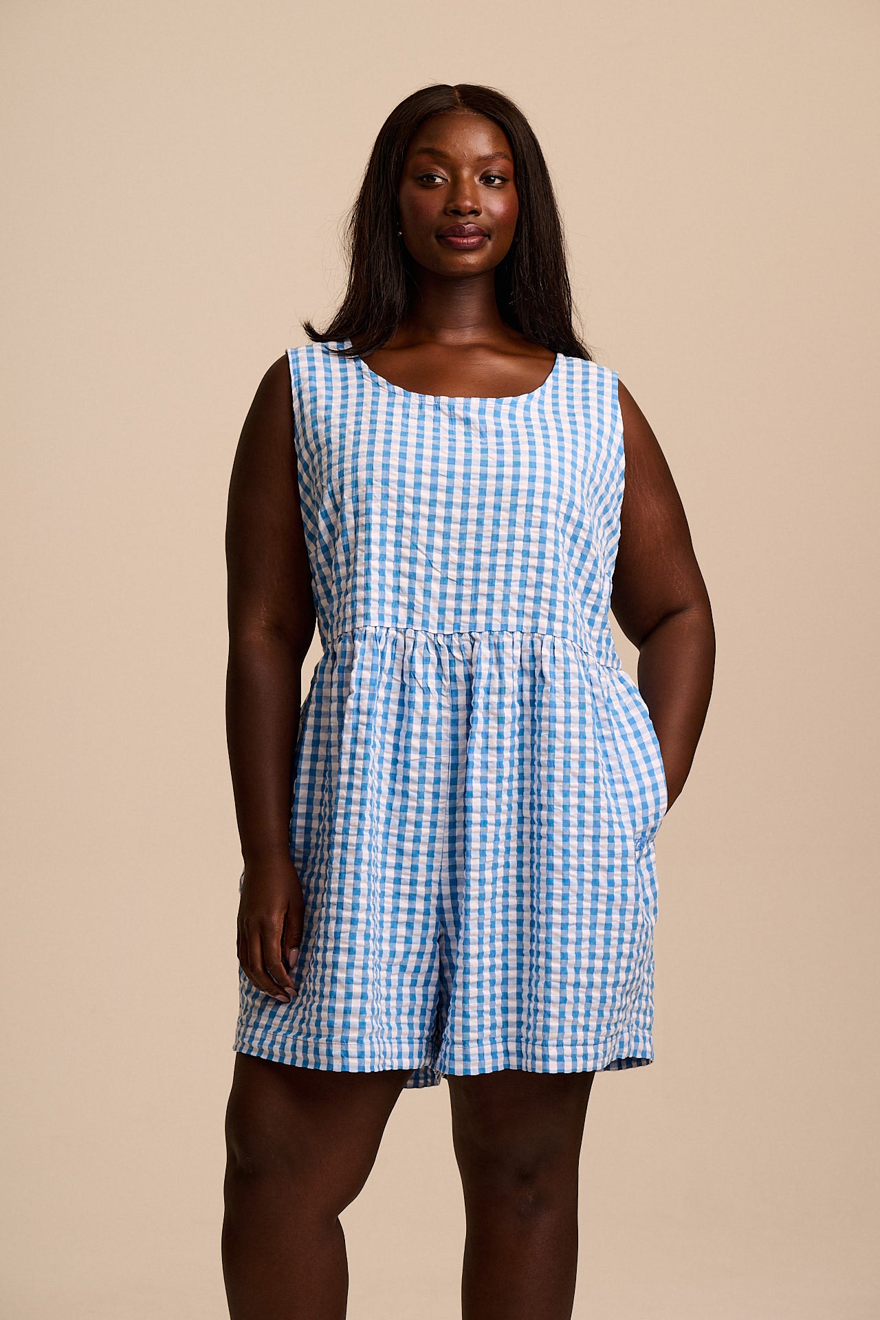 Alisa - Cotton Playsuit in Blue Gingham