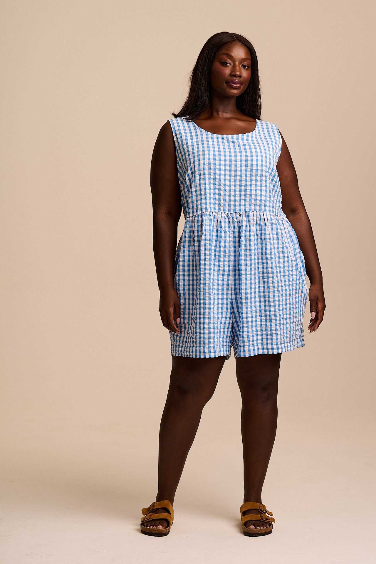 Alisa - Cotton Playsuit in Blue Gingham