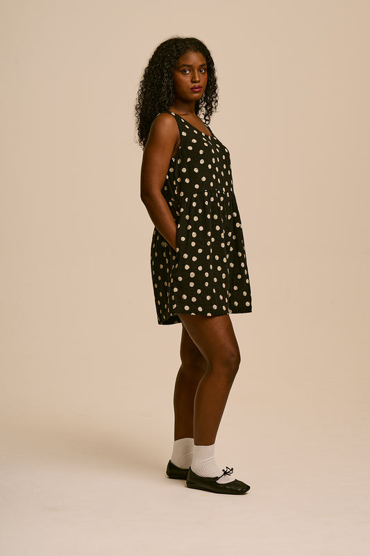 Alisa - Cotton Playsuit in Black & Ecru Polka Dot