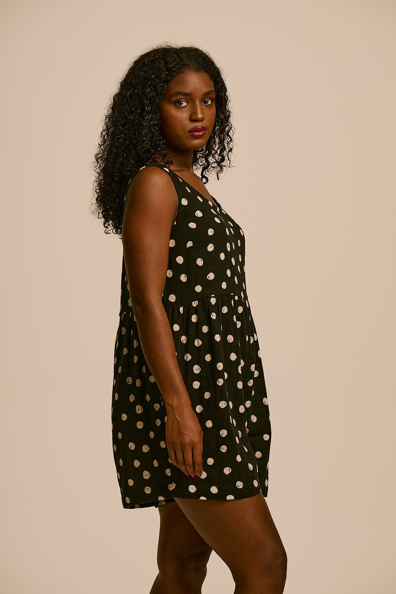 Alisa - Cotton Playsuit in Black & Ecru Polka Dot