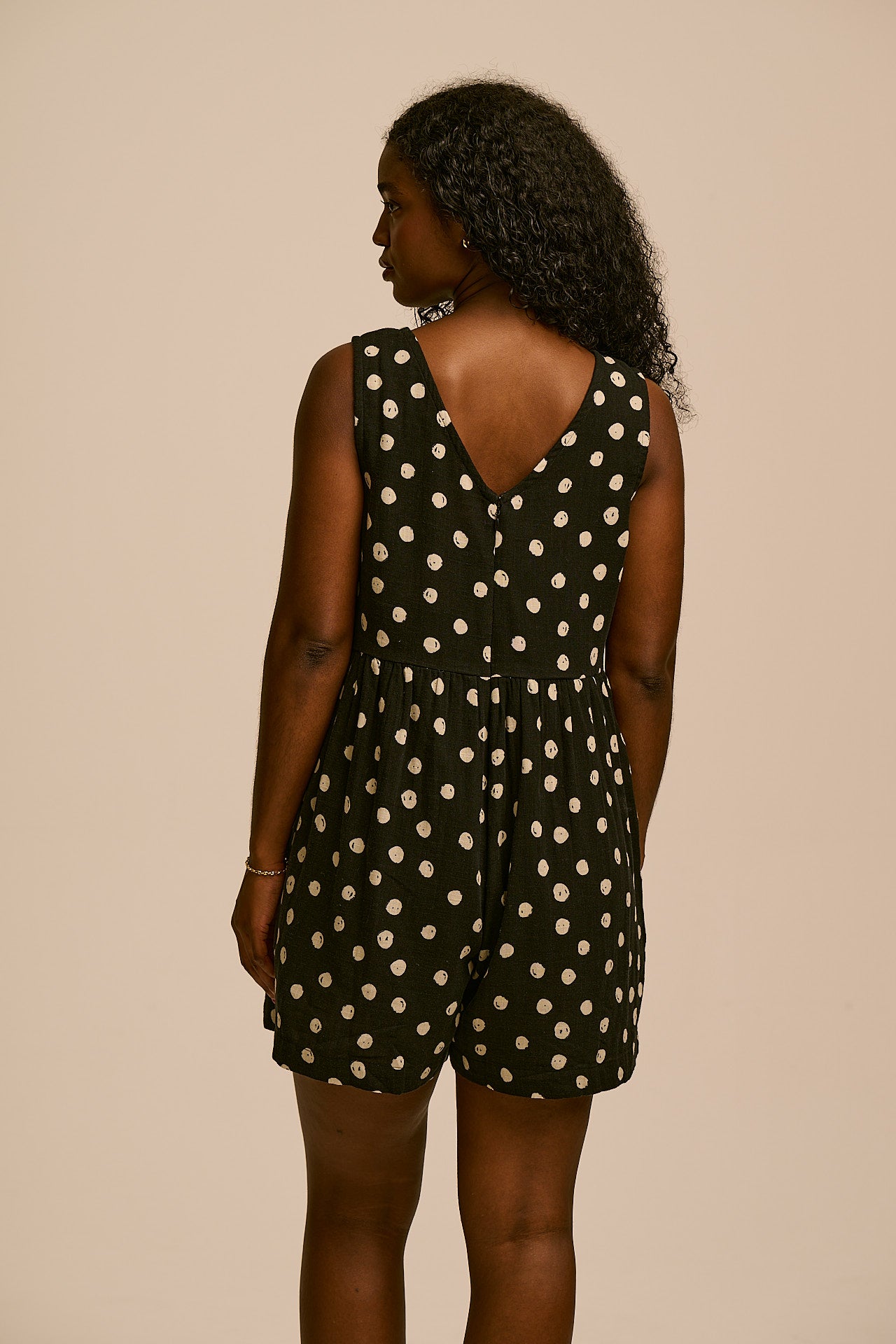 Alisa - Cotton Playsuit in Black & Ecru Polka Dot