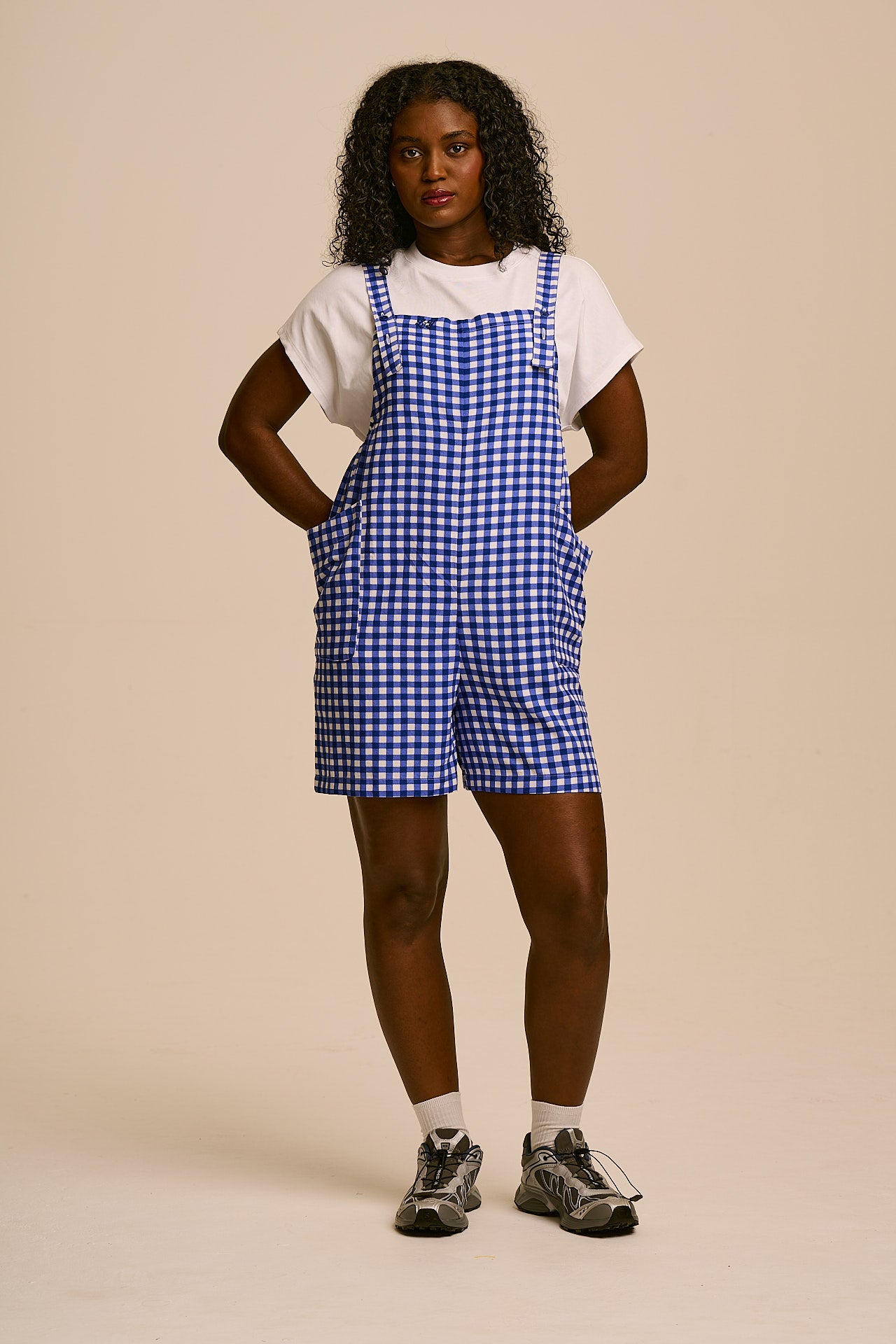Alya - Viscose Dungaree Shorts in Blue Check