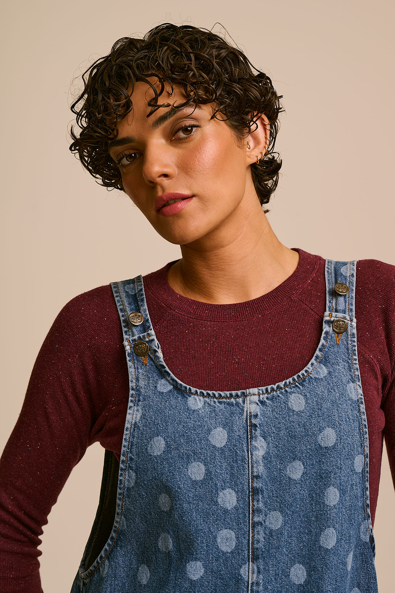 IMPERFECT - Ara  - Denim Dungaree in Midwash Polka Dot