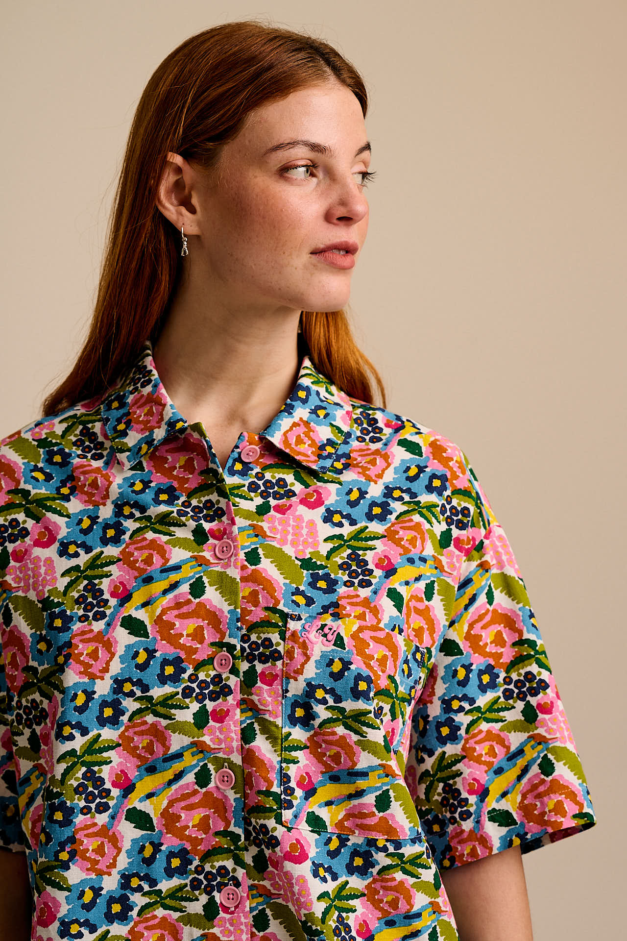 Archer -  Cotton & Viscose Shirt in Ivory Birdie Floral