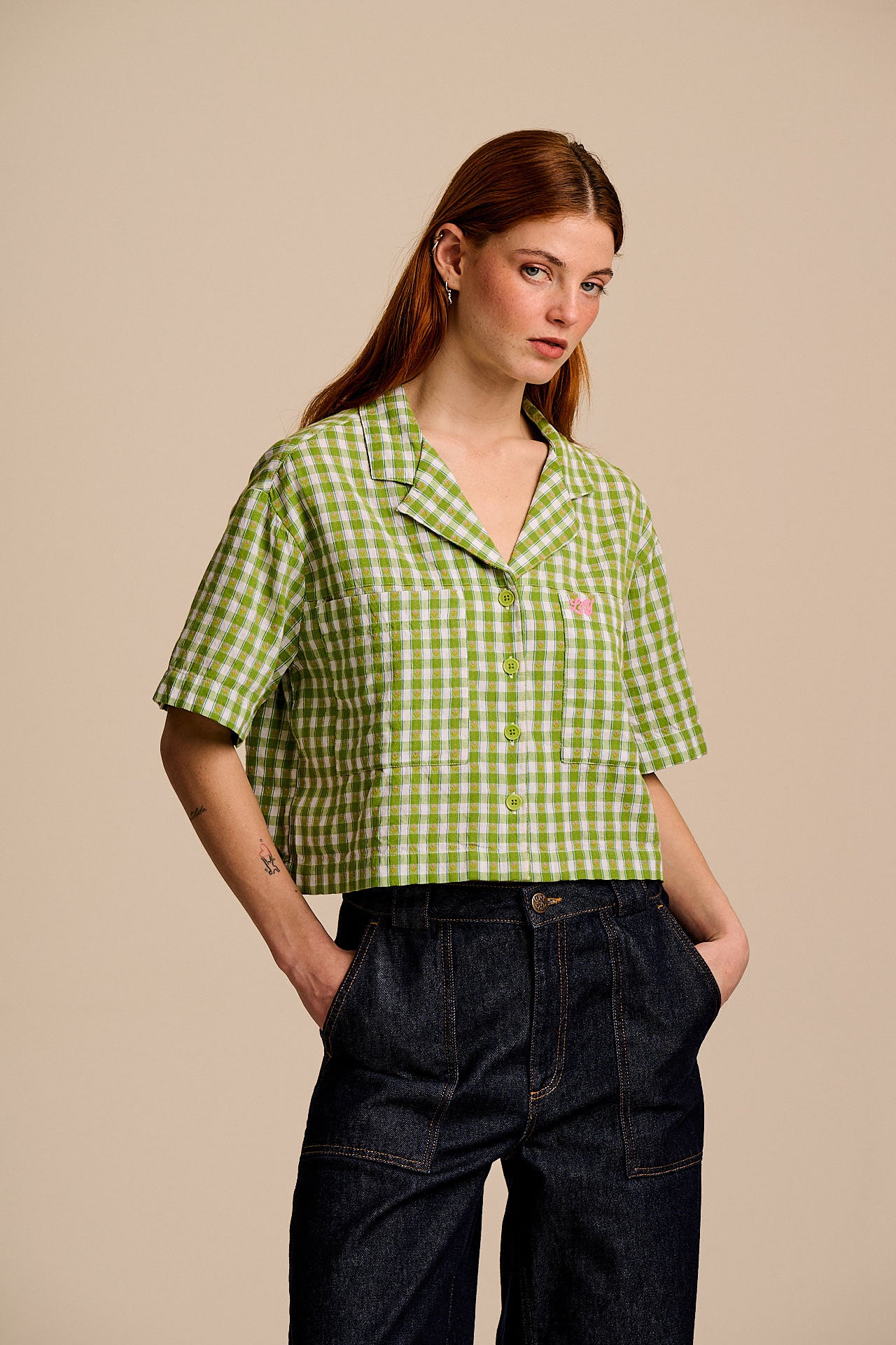 Alfie - Cotton Shirt in Green & White Tulip Gingham