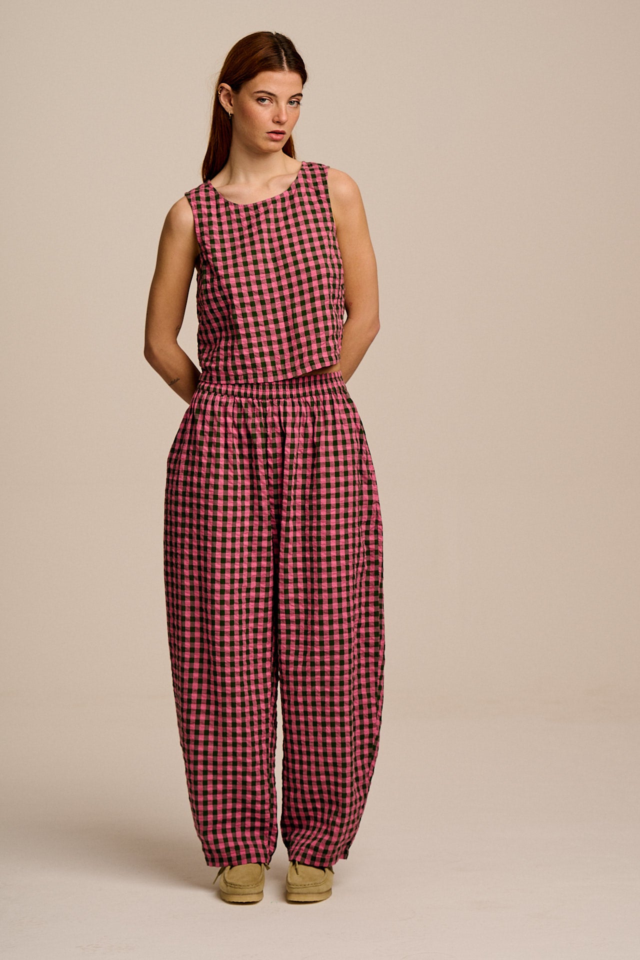 Freddie - Barrel Leg Cotton Trousers in Pink & Green Gingham