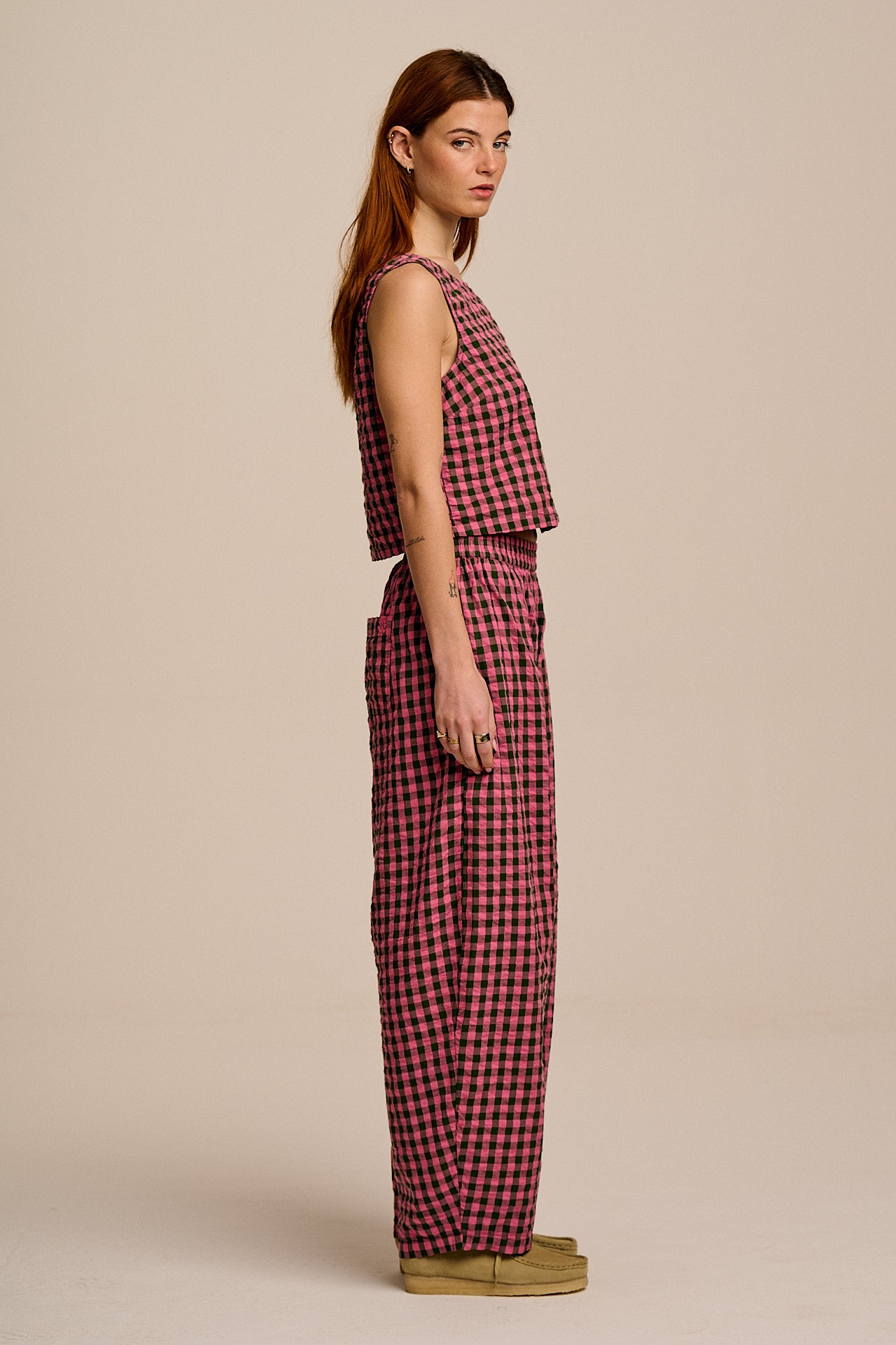 Freddie - Barrel Leg Cotton Trousers in Pink & Green Gingham