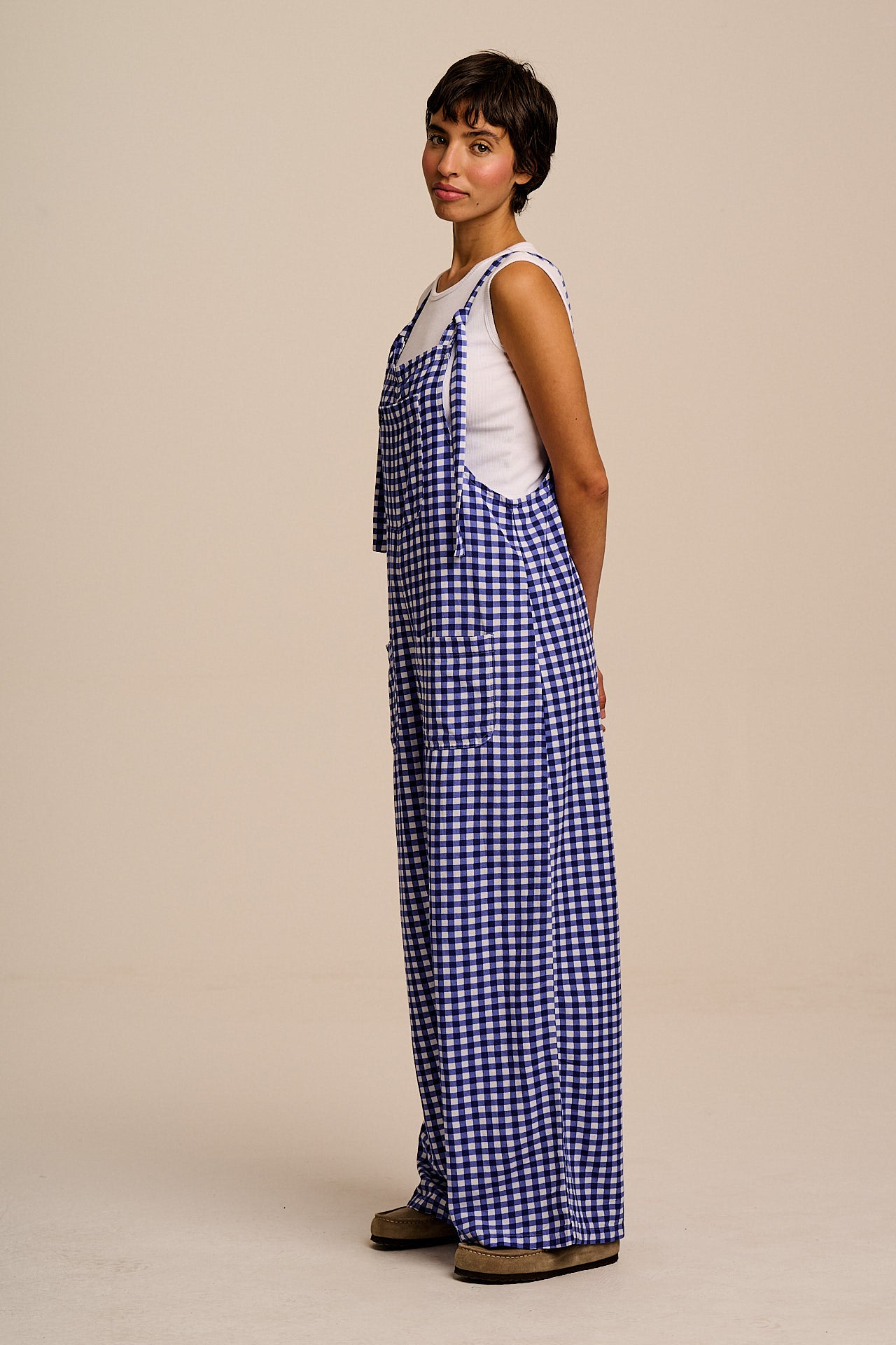 Arlo - Cotton & Viscose Wide Leg Dungarees in Blue Gingham Check