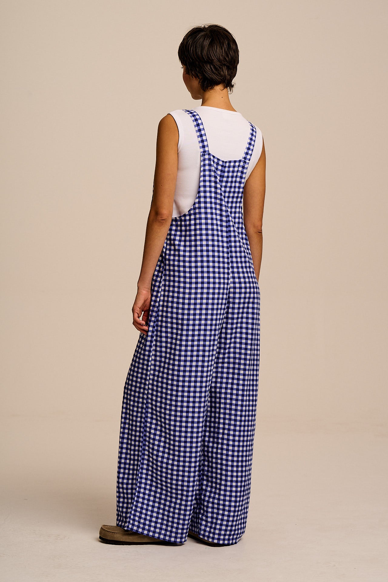 Arlo - Cotton & Viscose Wide Leg Dungarees in Blue Gingham Check