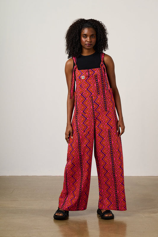 Arlo - Cotton Wide Leg Dungarees in Red Zig Zag Stripe