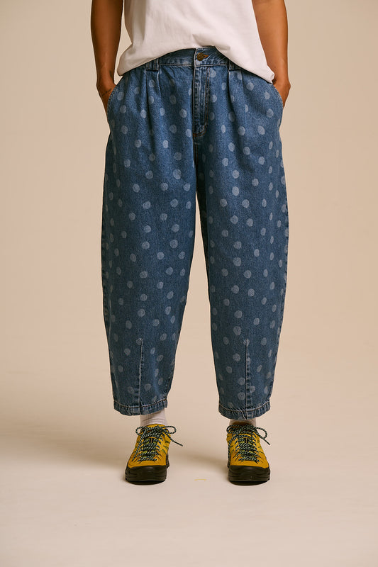 IMPERFECT - Ashby - Denim Barrel Leg Jeans in Midwash Polka Dot