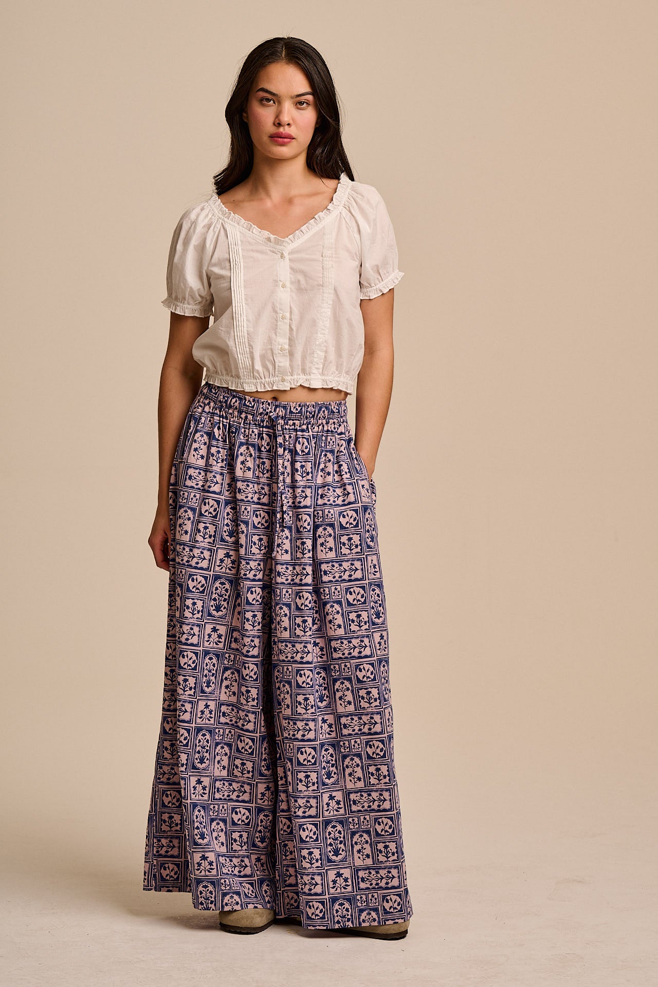 Aster - Cotton & Linen Trousers in Blue & Pink Walled Blooms
