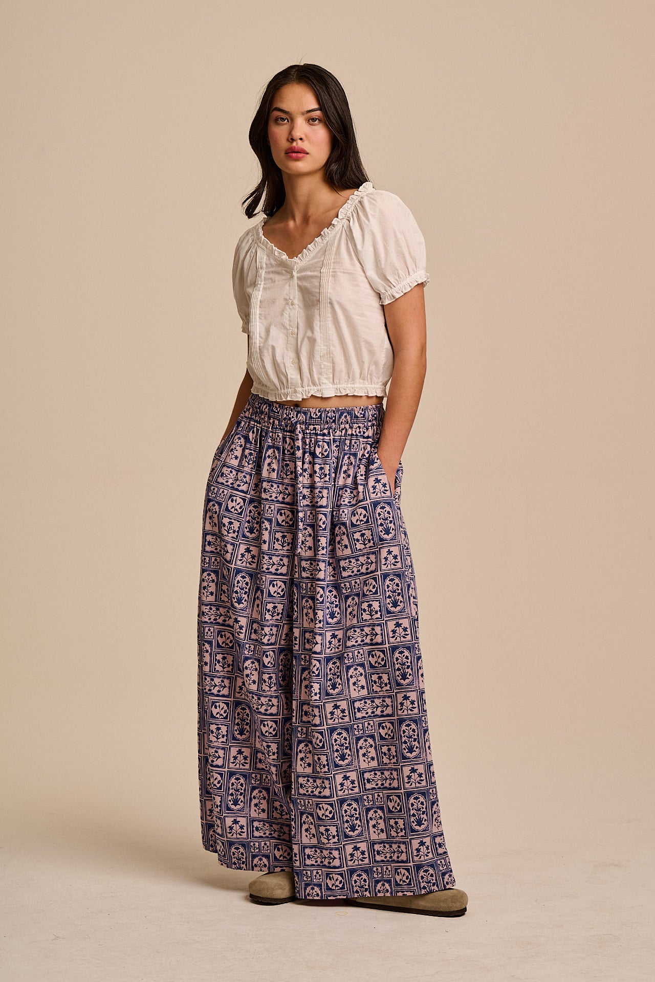 Aster - Cotton & Linen Trousers in Blue & Pink Walled Blooms