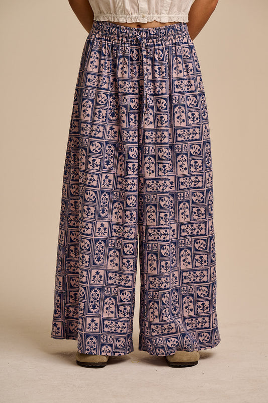 Aster - Cotton & Linen Trousers in Blue & Pink Walled Blooms