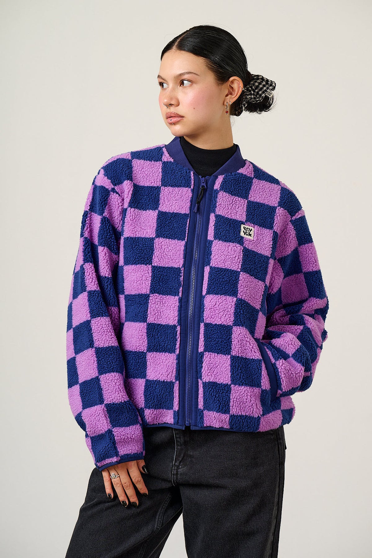Cassie - Fleece Bomber Jacket in Checkerboard