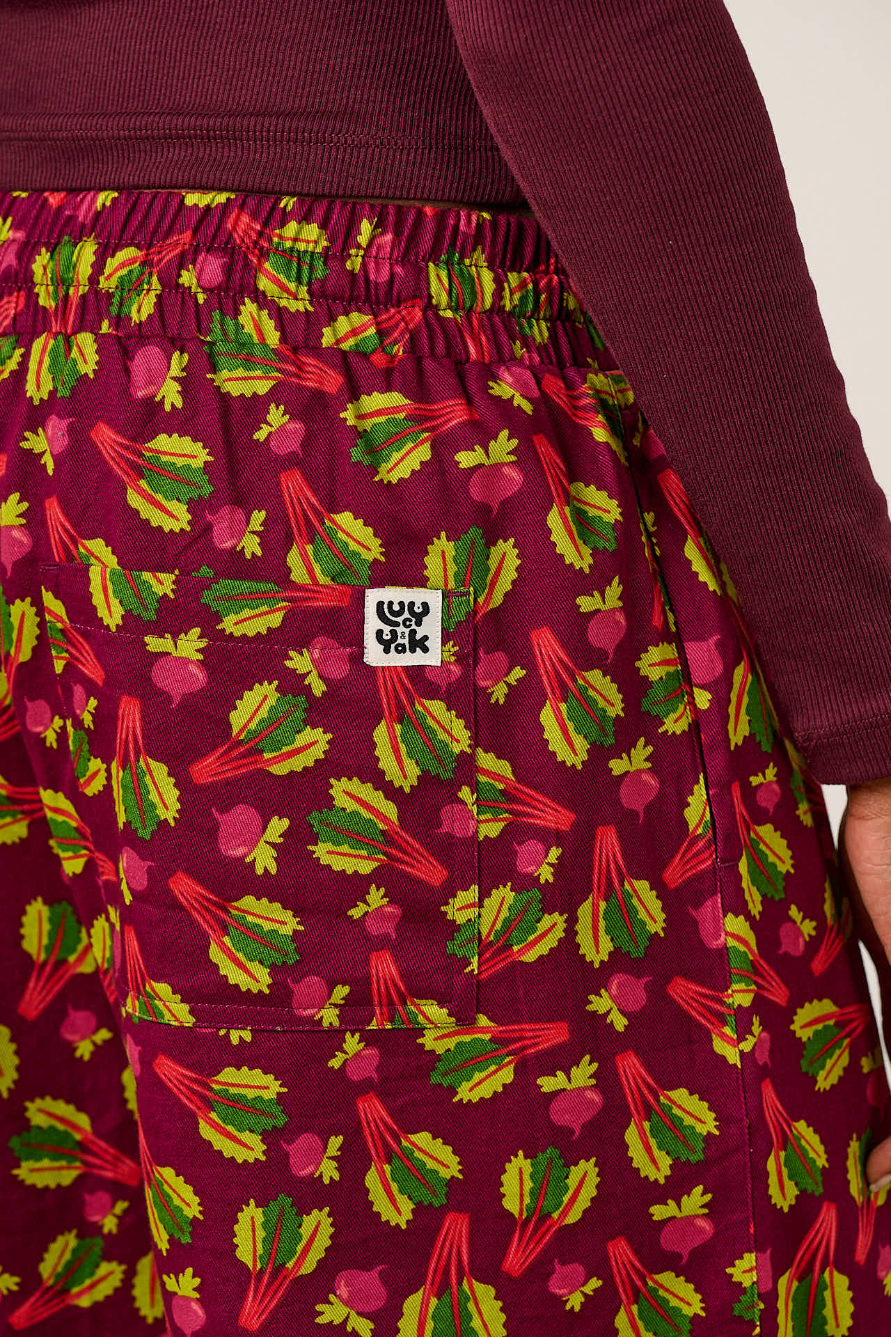 Chuck - Wide Leg Organic Cotton Trousers in Rhubarb Print