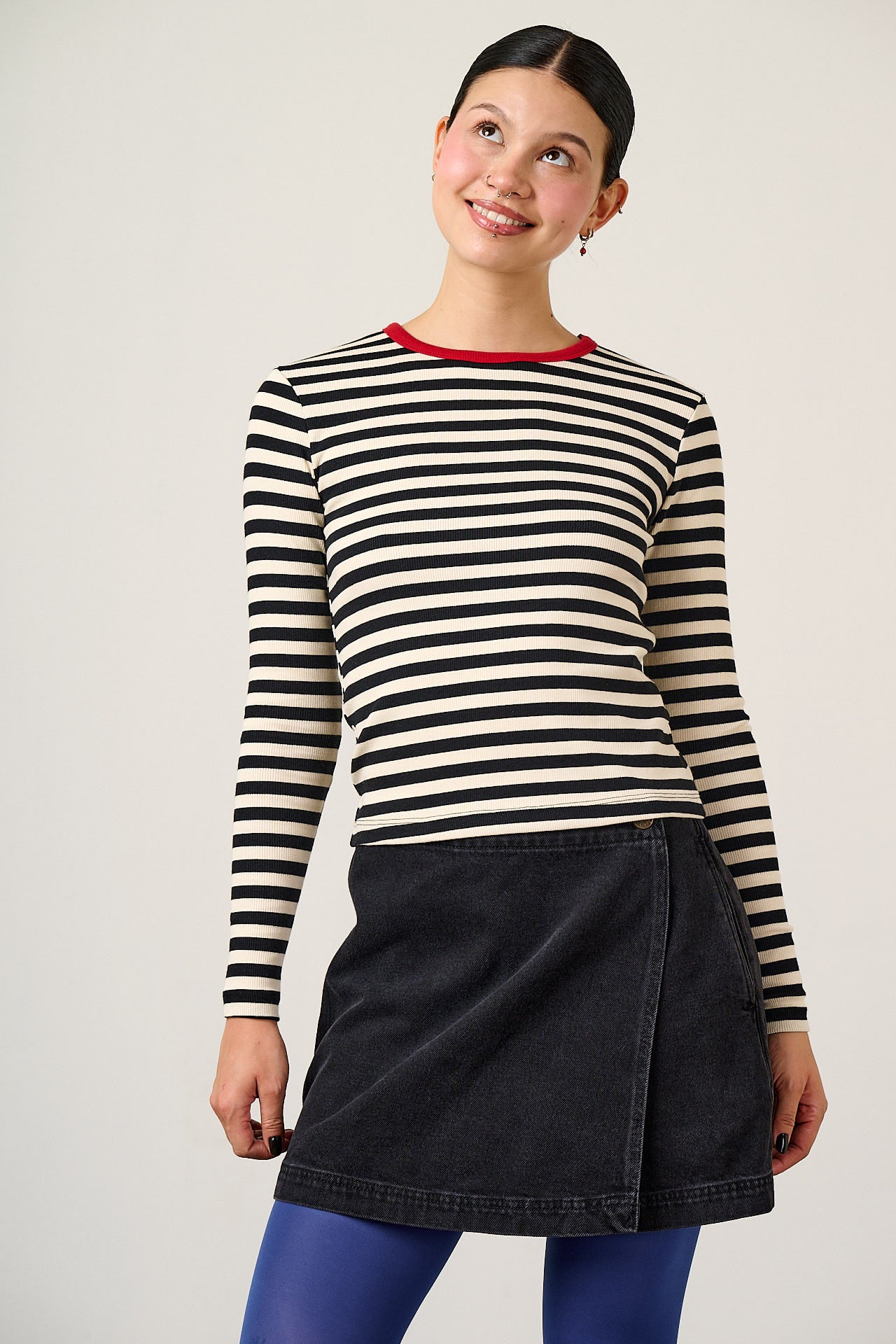 Grayson - Long Sleeve Cotton Jersey Top in Black & Ecru Stripe