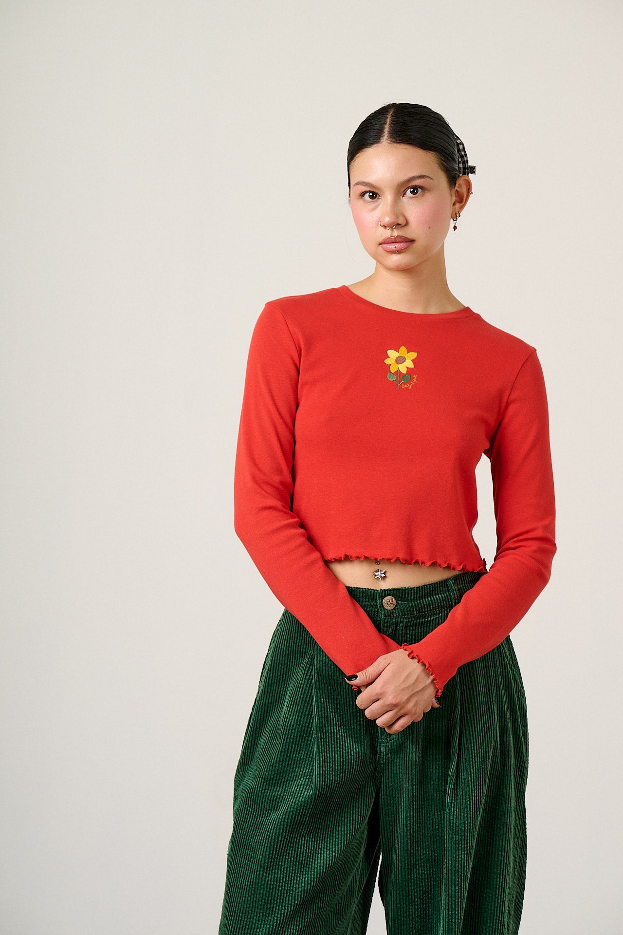 Hansel - Long Sleeve Cotton Top in Red with Sunflower