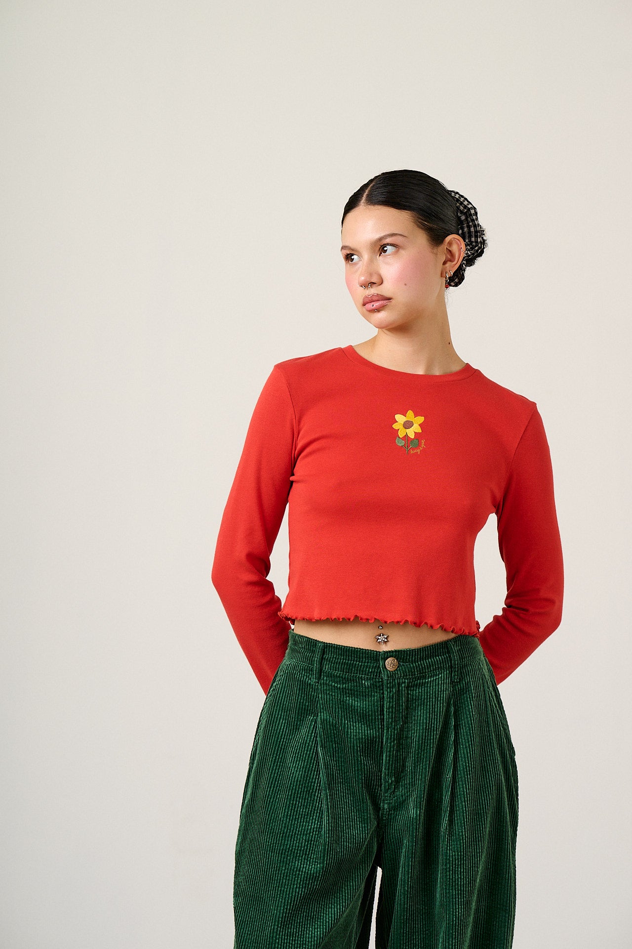 Hansel - Long Sleeve Cotton Top in Red with Sunflower