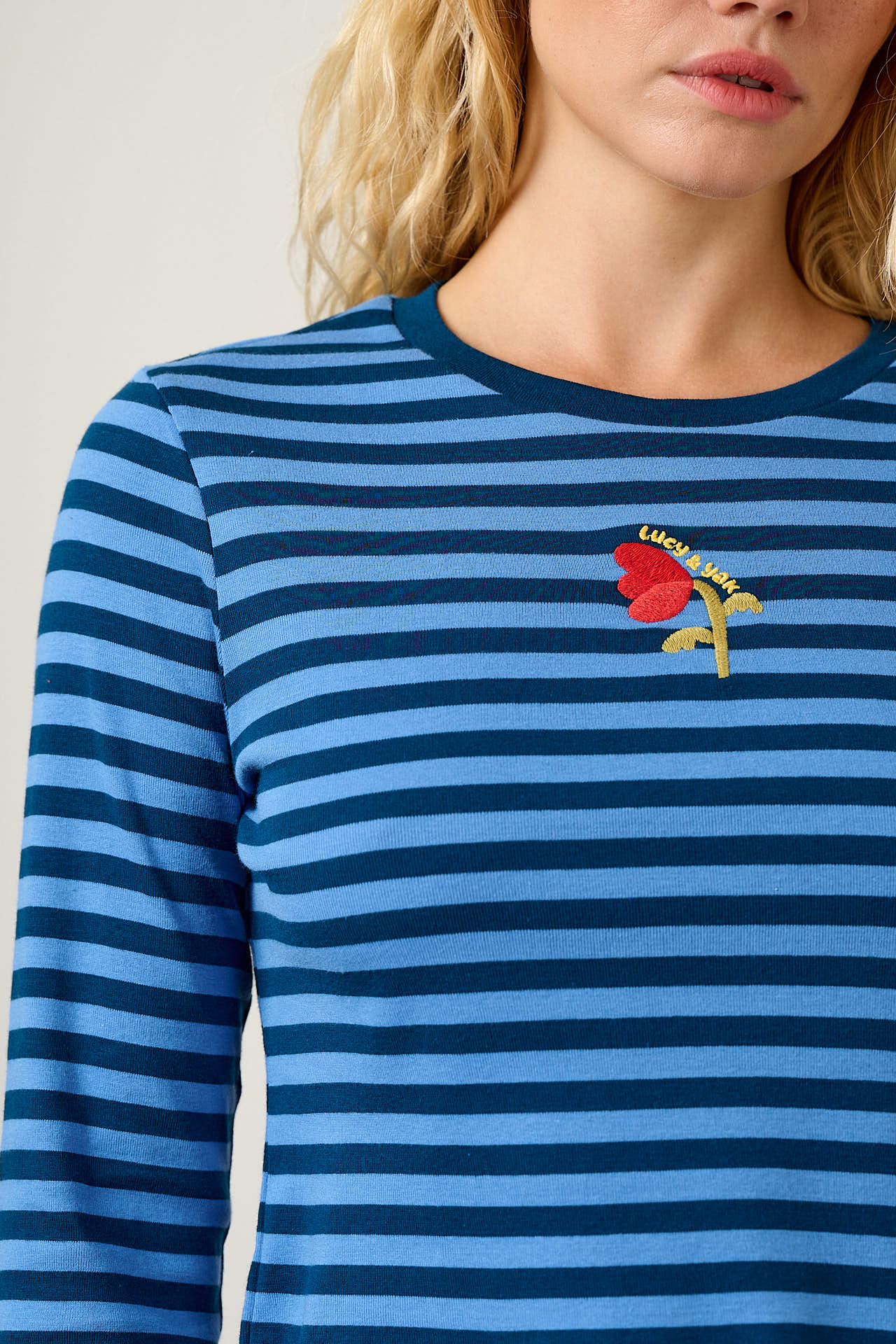 Hansel - Long Sleeve Cotton Top in Blue Stripe with Tulip