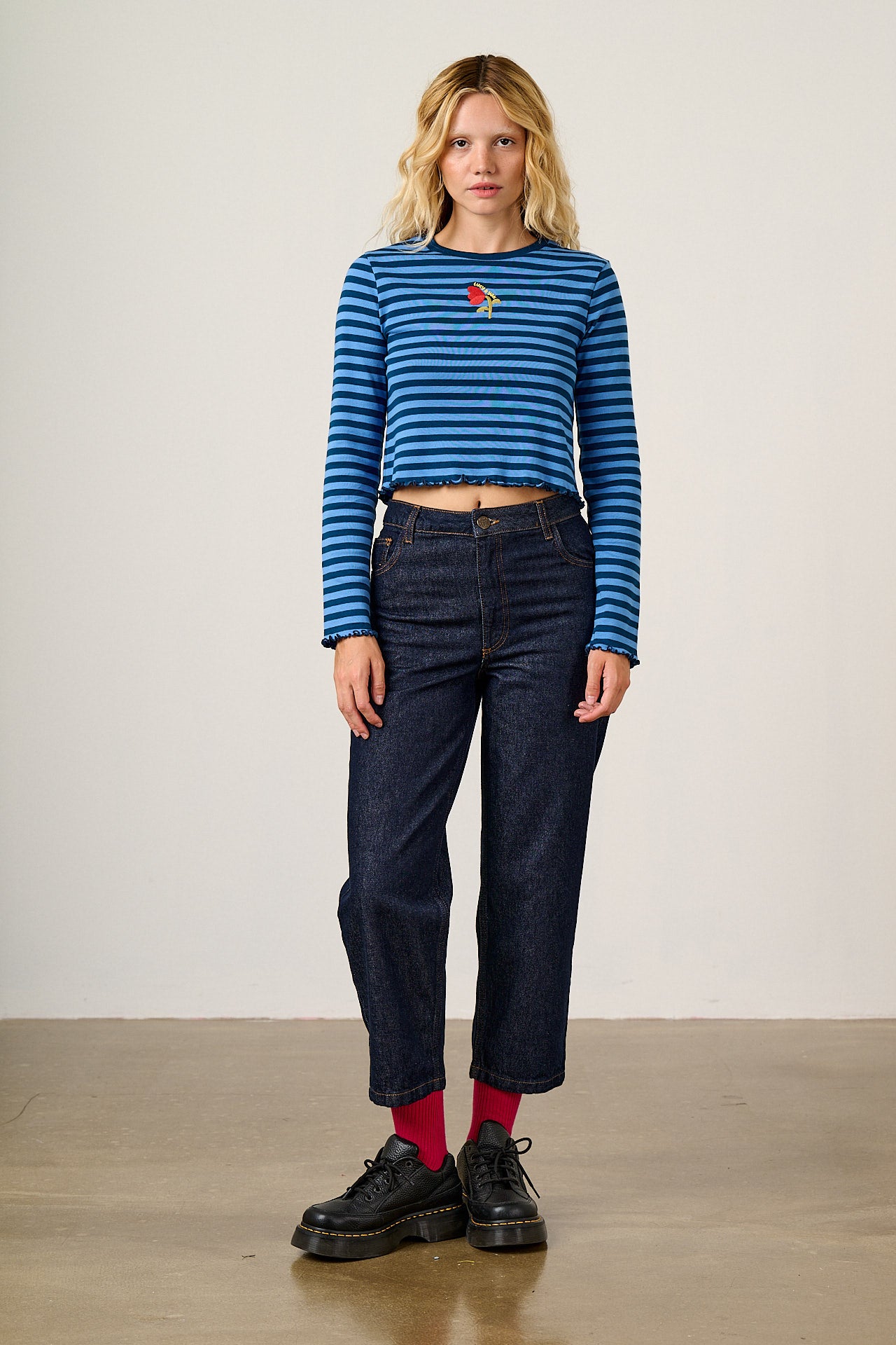 Hansel - Long Sleeve Cotton Top in Blue Stripe with Tulip