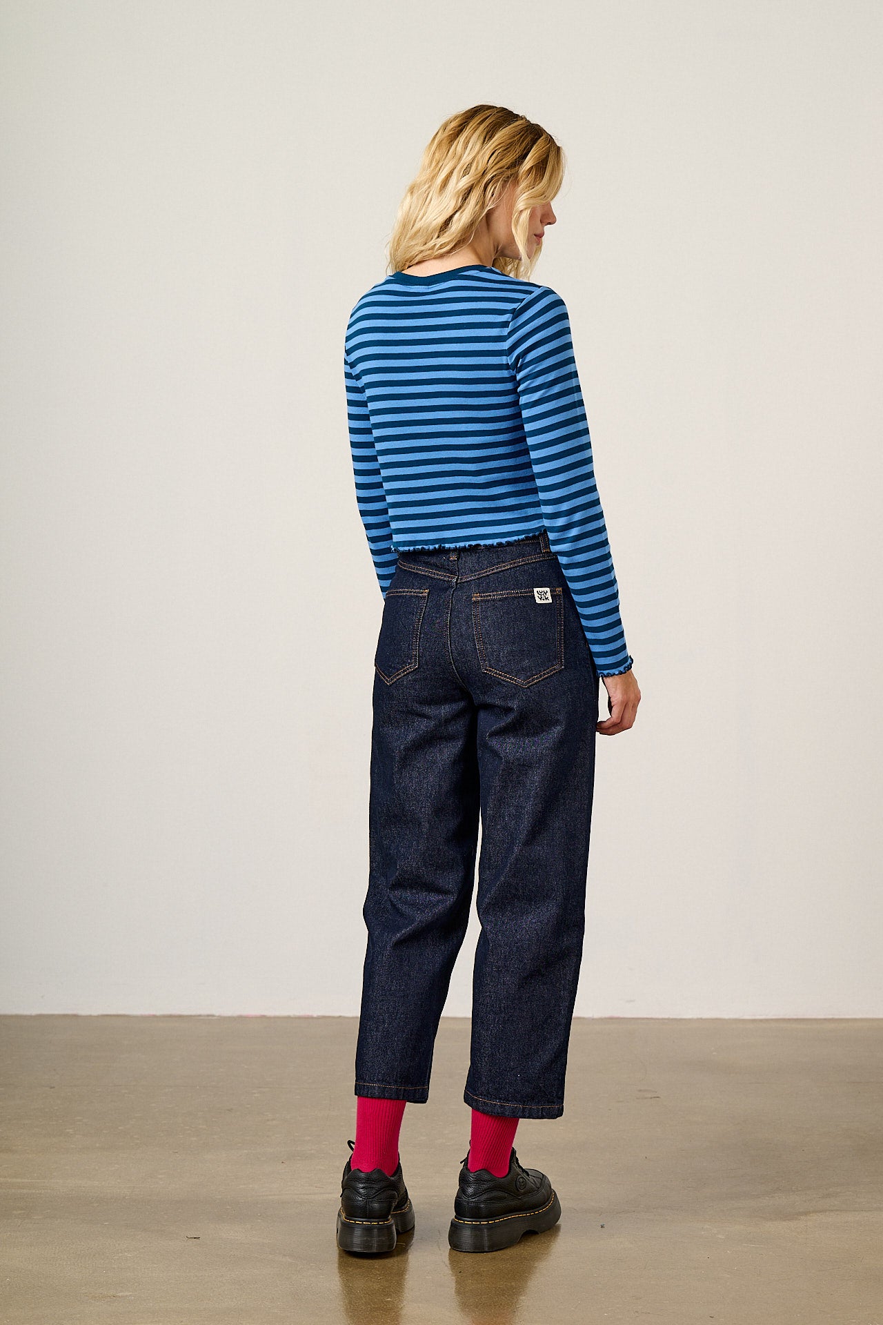 Hansel - Long Sleeve Cotton Top in Blue Stripe with Tulip