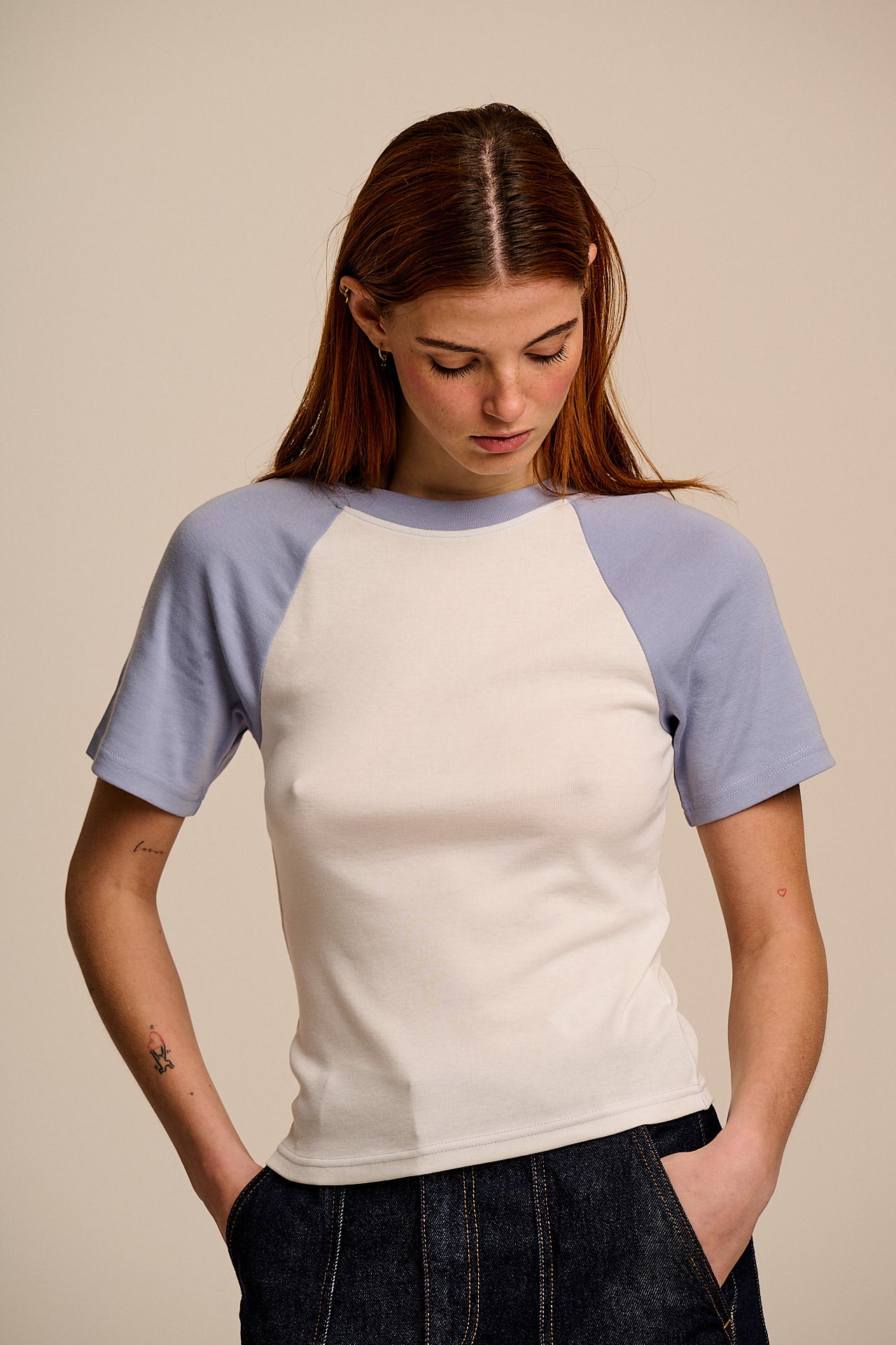 Azra - Cotton Short Sleeve Raglan Top in White & Blue