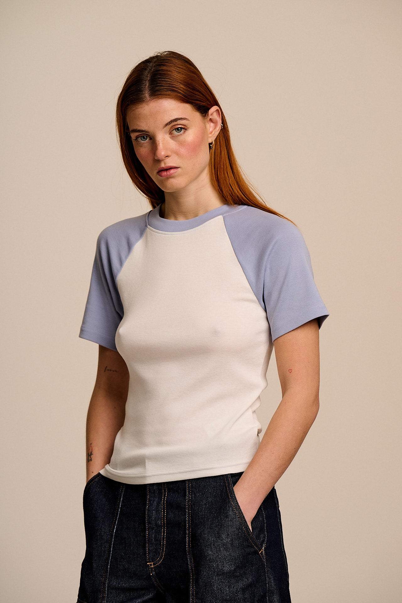 Azra - Cotton Short Sleeve Raglan Top in White & Blue