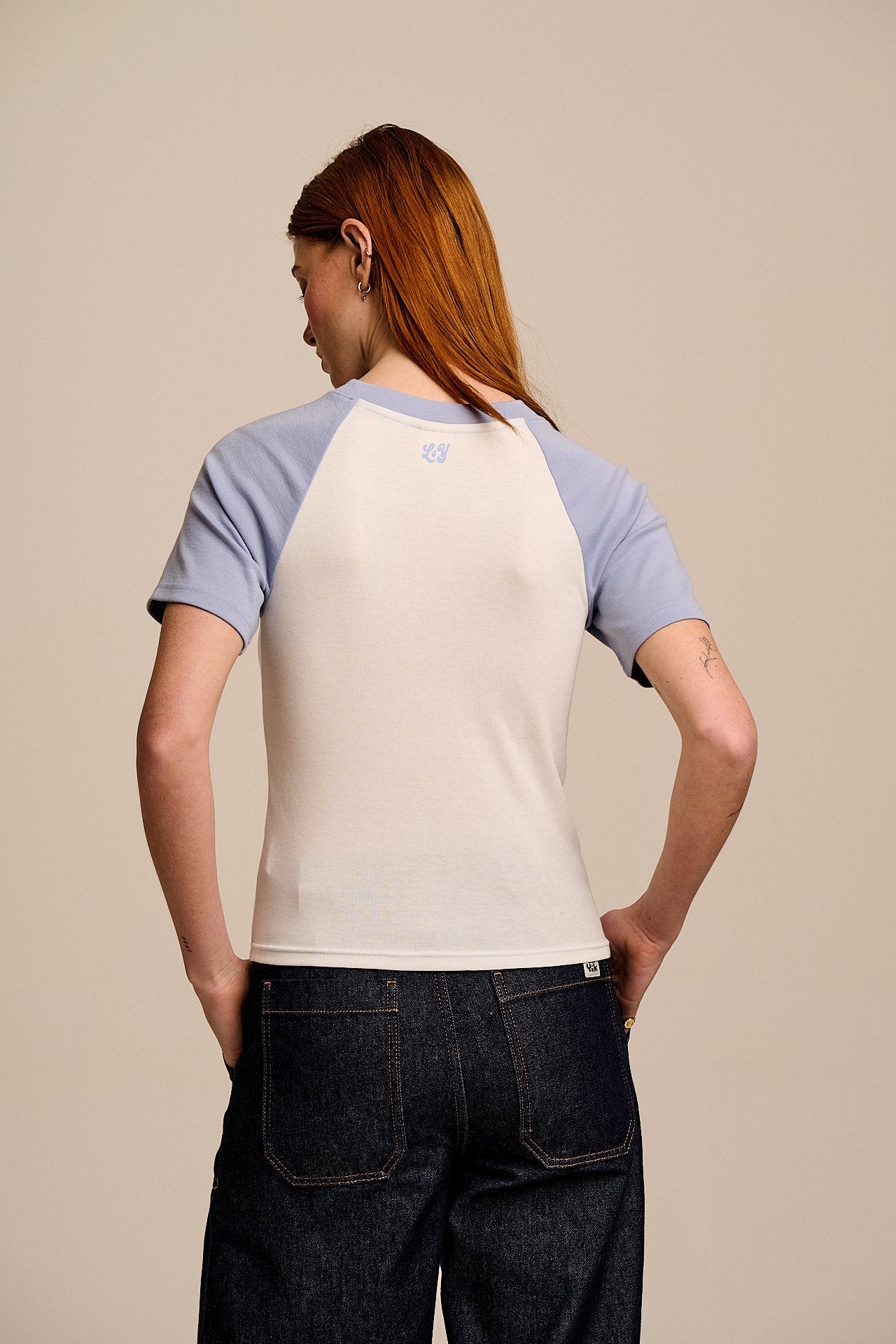 Azra - Cotton Short Sleeve Raglan Top in White & Blue