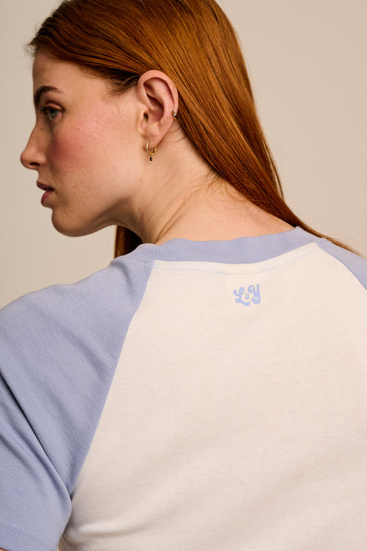 Azra - Cotton Short Sleeve Raglan Top in White & Blue