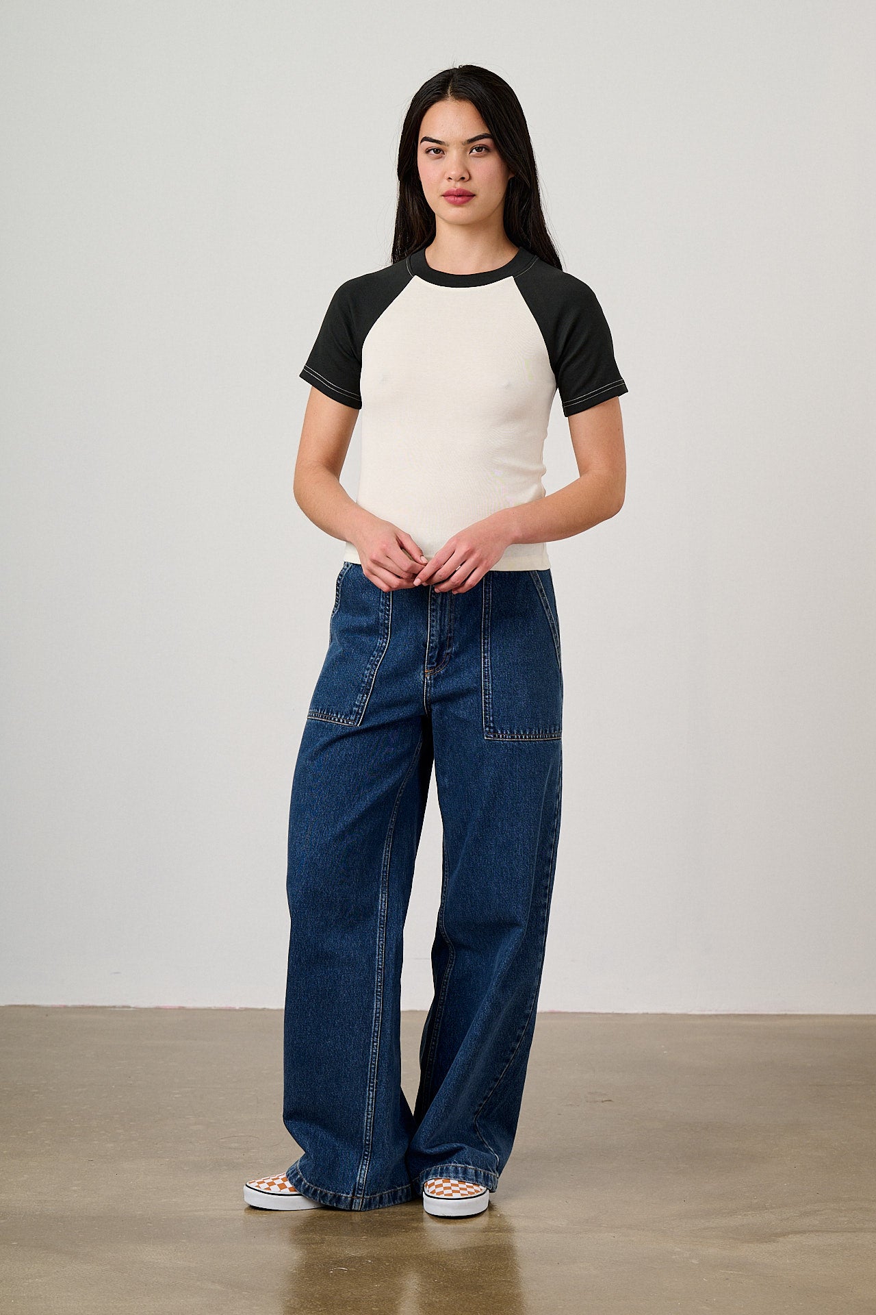 Azra - Cotton Short Sleeve Raglan Top in Black & Ecru