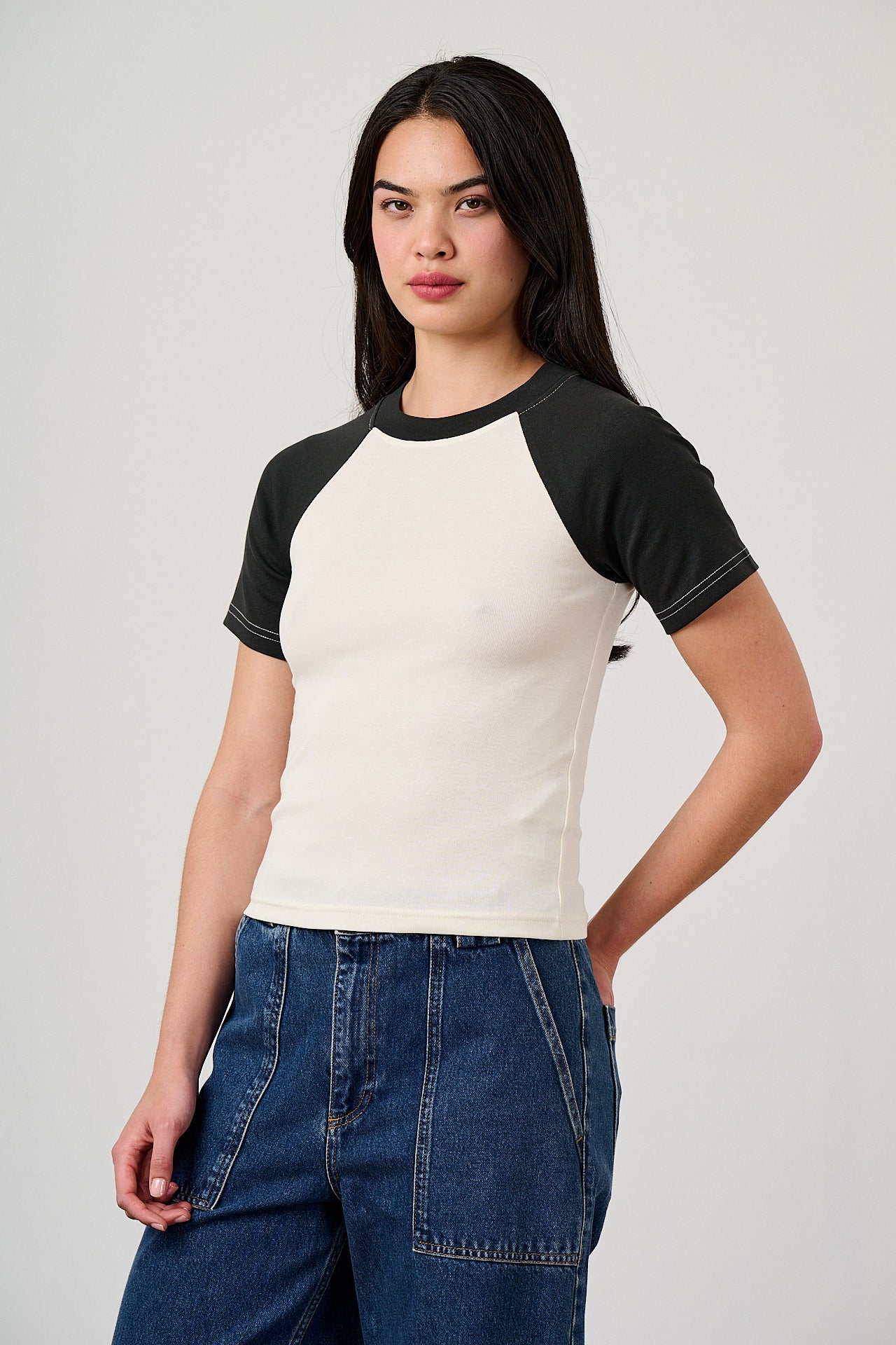 Azra - Cotton Short Sleeve Raglan Top in Black & Ecru