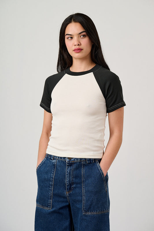 Azra - Cotton Short Sleeve Raglan Top in Black & Ecru