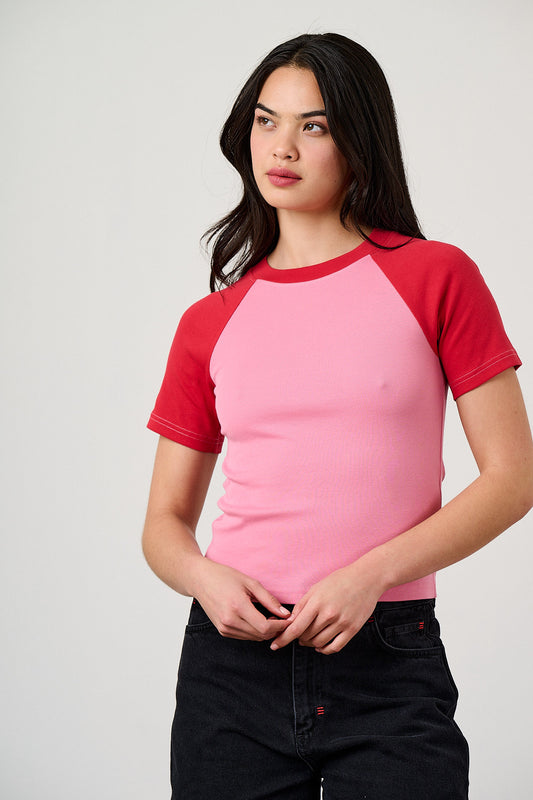 Azra - Cotton Short Sleeve Raglan Top in Red & Pink