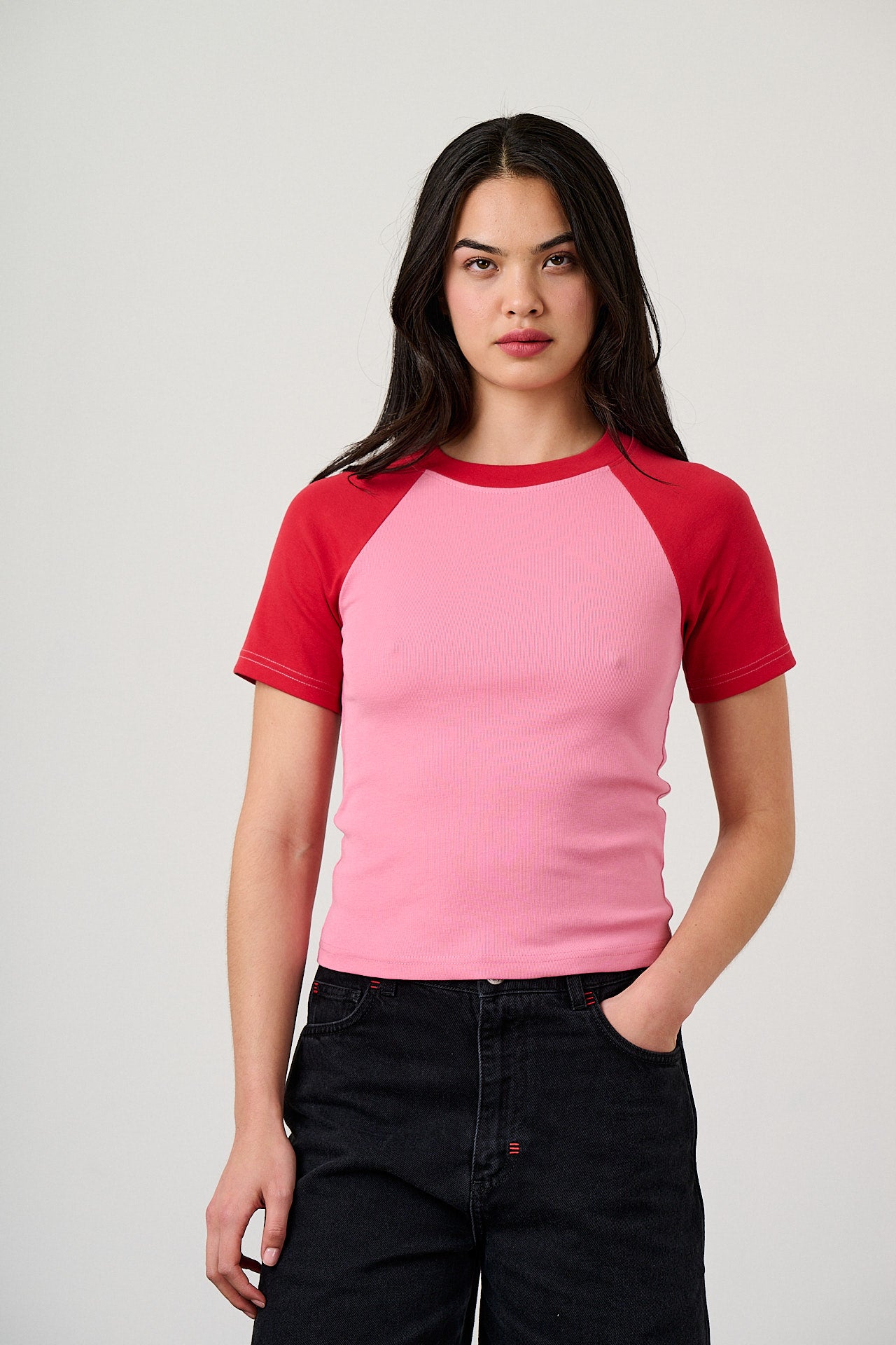 Azra - Cotton Short Sleeve Raglan Top in Red & Pink
