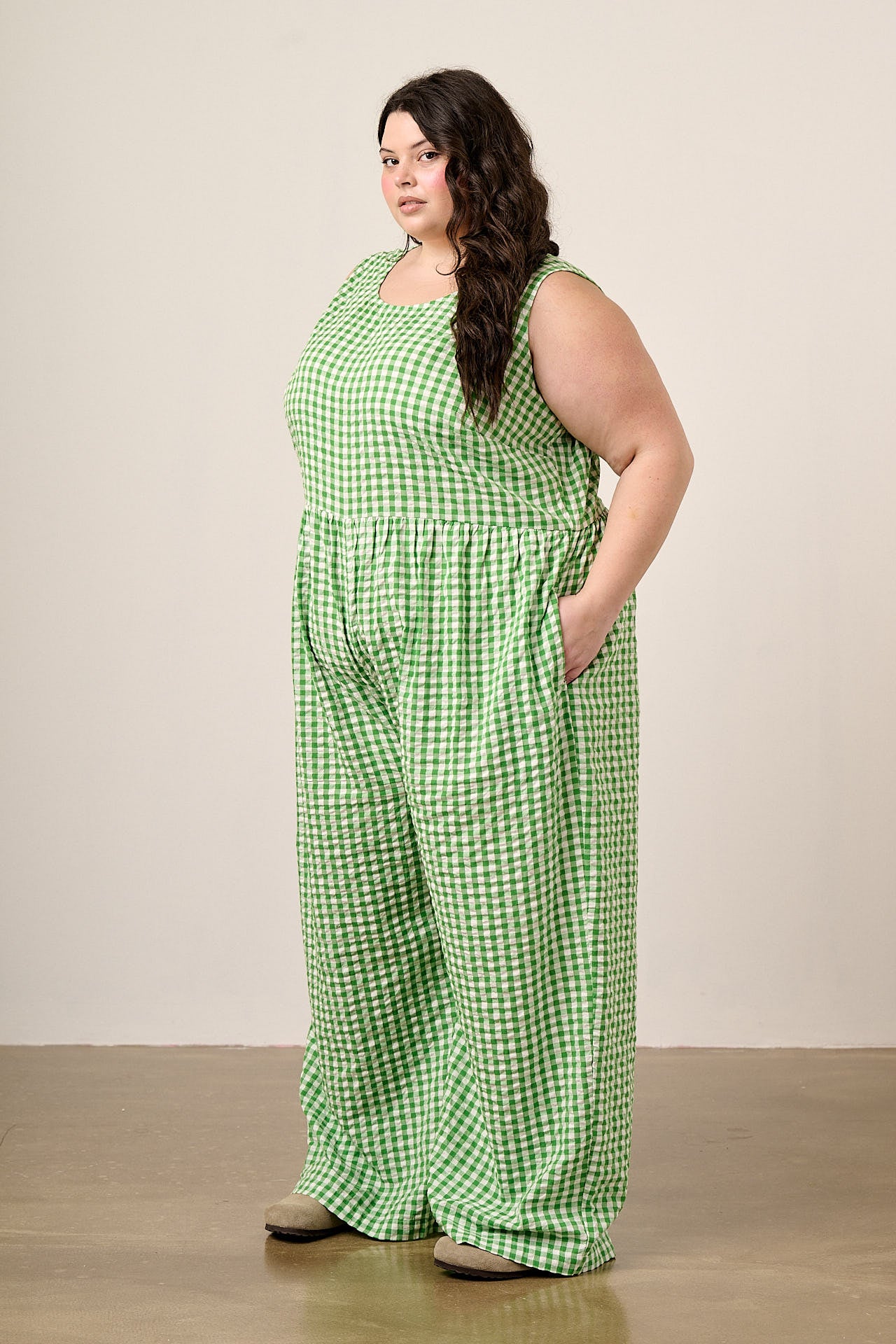 Bellamy - Wide Leg Cotton Jumpsuit in Green Gingham