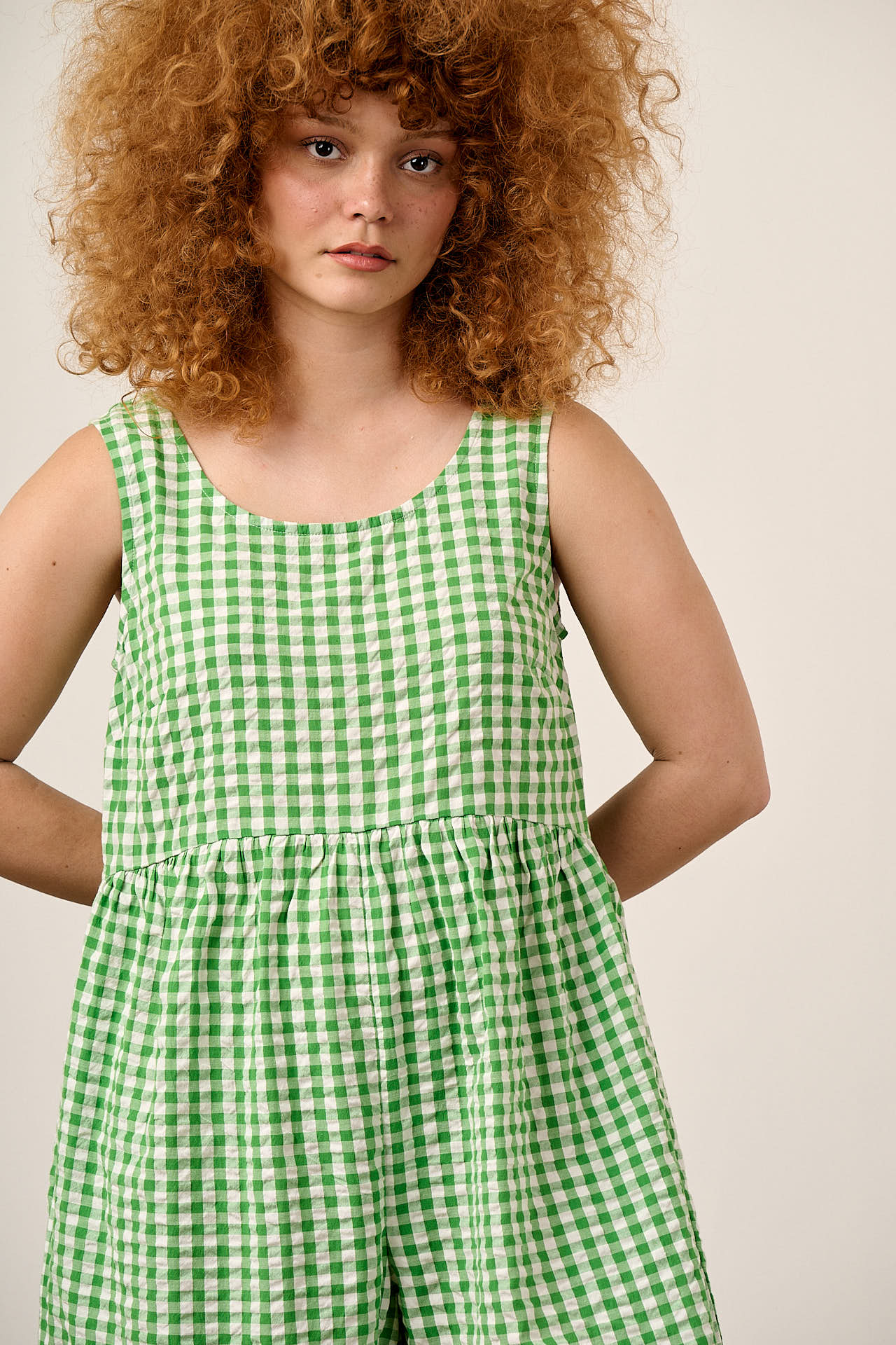 Bellamy - Wide Leg Cotton Jumpsuit in Green Gingham