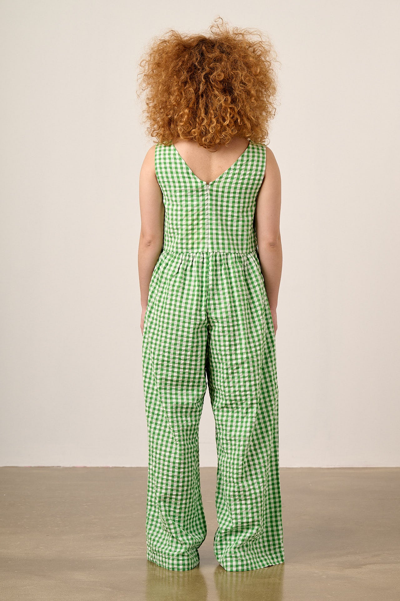 Bellamy - Wide Leg Cotton Jumpsuit in Green Gingham