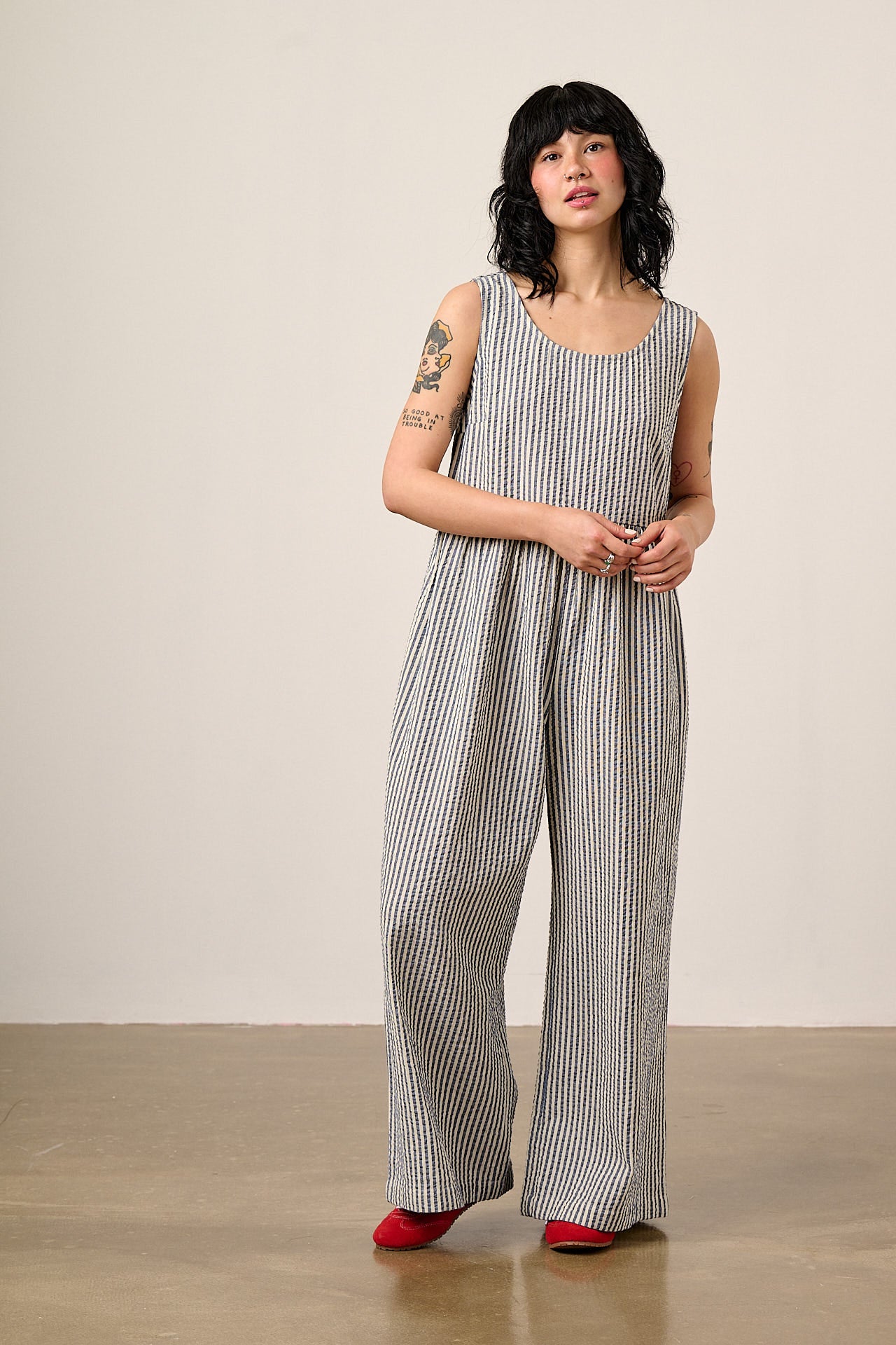 Bellamy - Wide Leg Cotton Jumpsuit in Blue & White Stripe